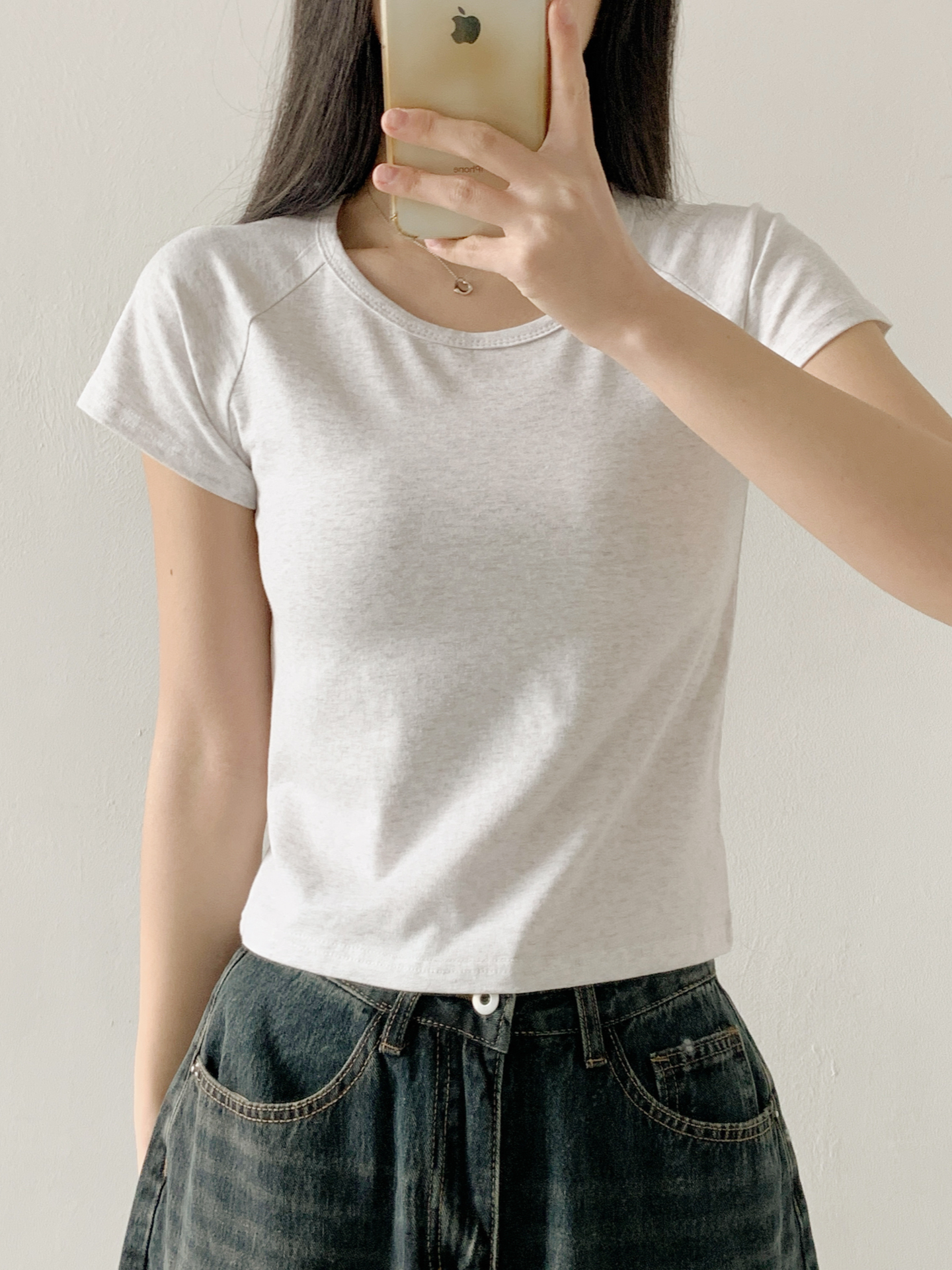 ラウンドネックラグラン半袖セミクロップド無地Tシャツ | 詳細画像2