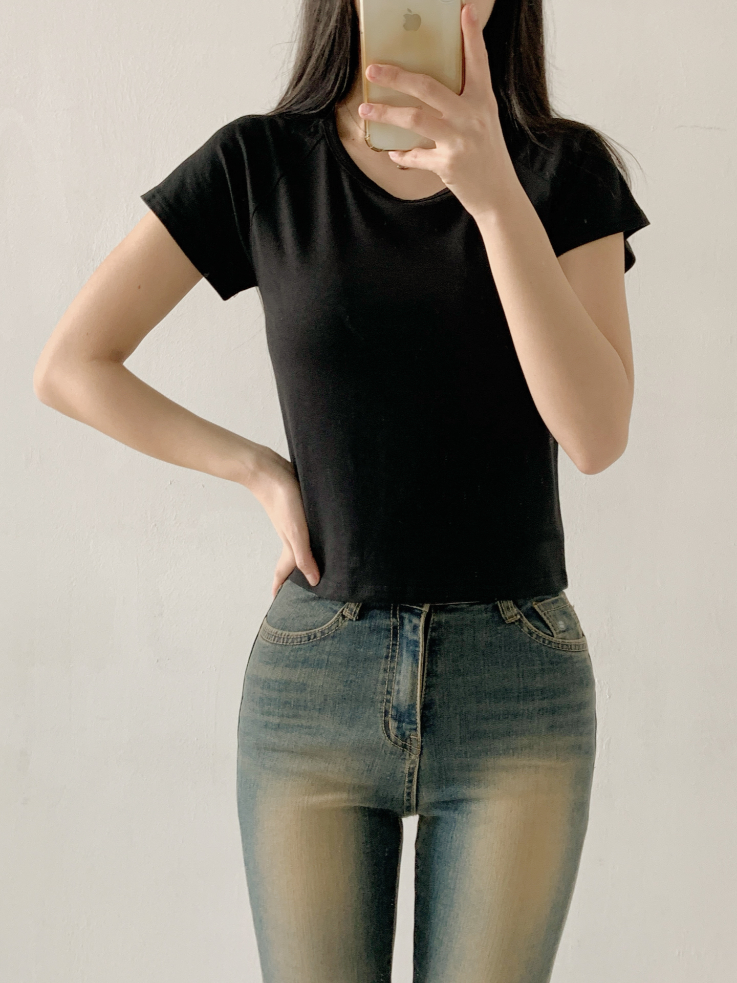 ラウンドネックラグラン半袖セミクロップド無地Tシャツ | 詳細画像9