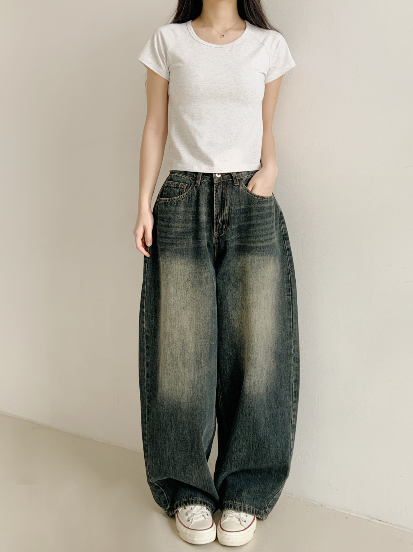 ラウンドネックラグラン半袖セミクロップド無地Tシャツ | 詳細画像7