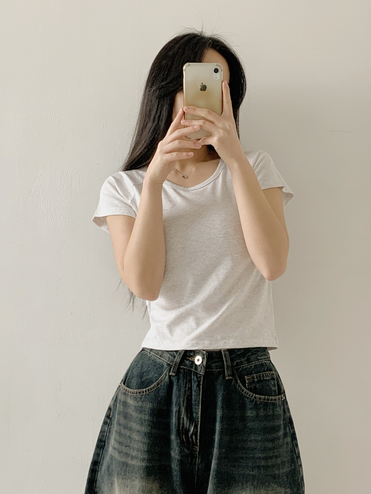 ラウンドネックラグラン半袖セミクロップド無地Tシャツ | 詳細画像3