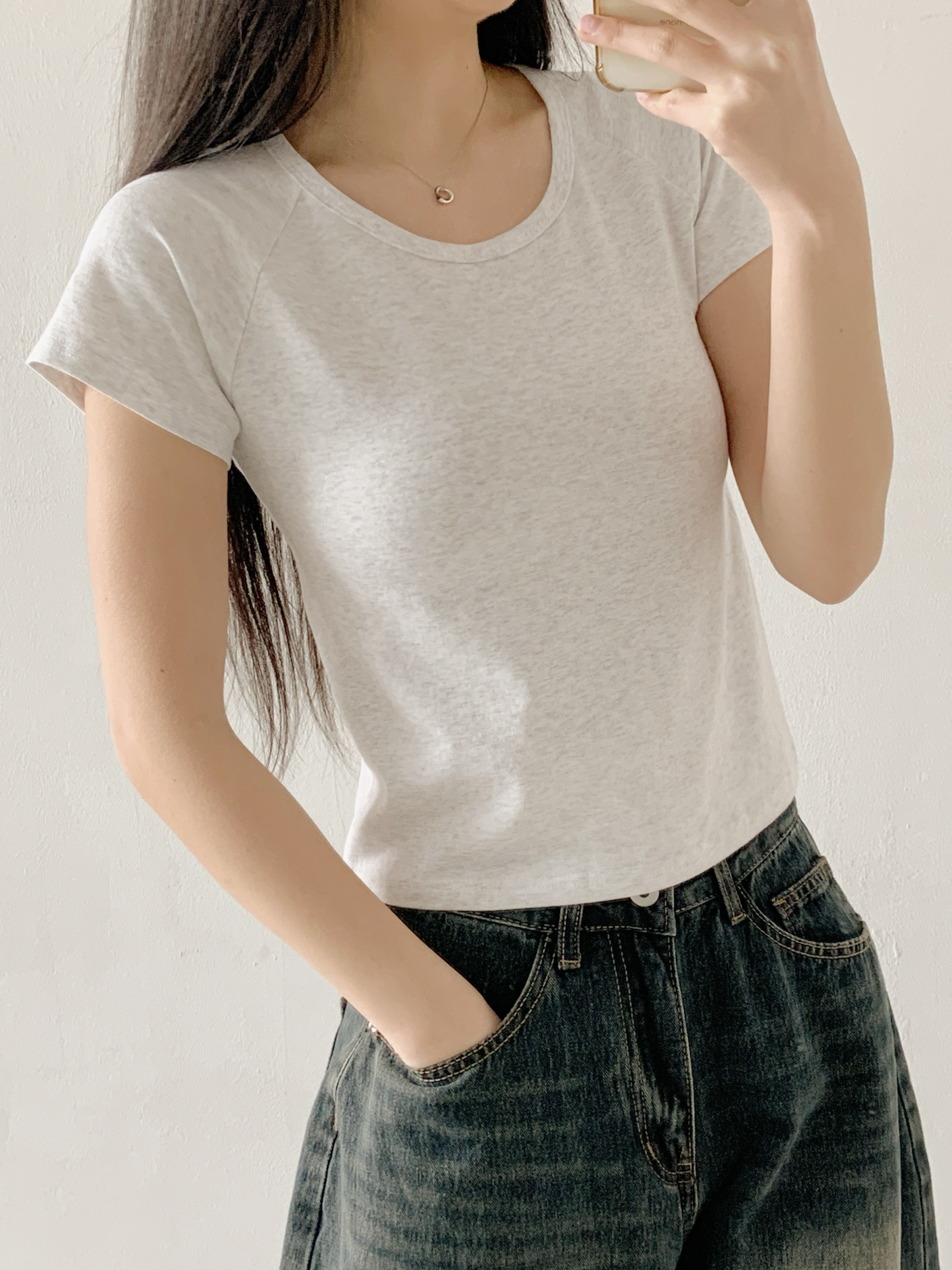 ラウンドネックラグラン半袖セミクロップド無地Tシャツ | 詳細画像6