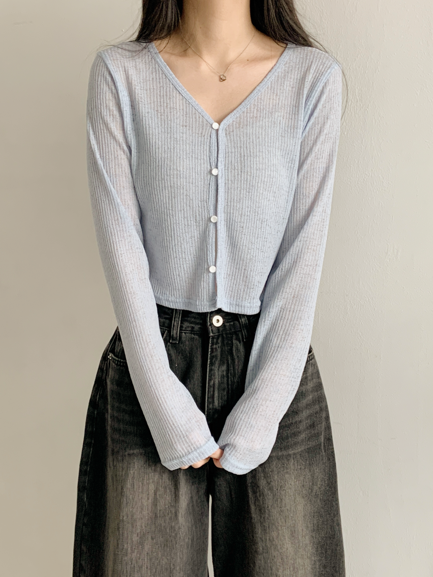 リブボタンVネッククロップドルーズ長袖無地カーディガン | 詳細画像12