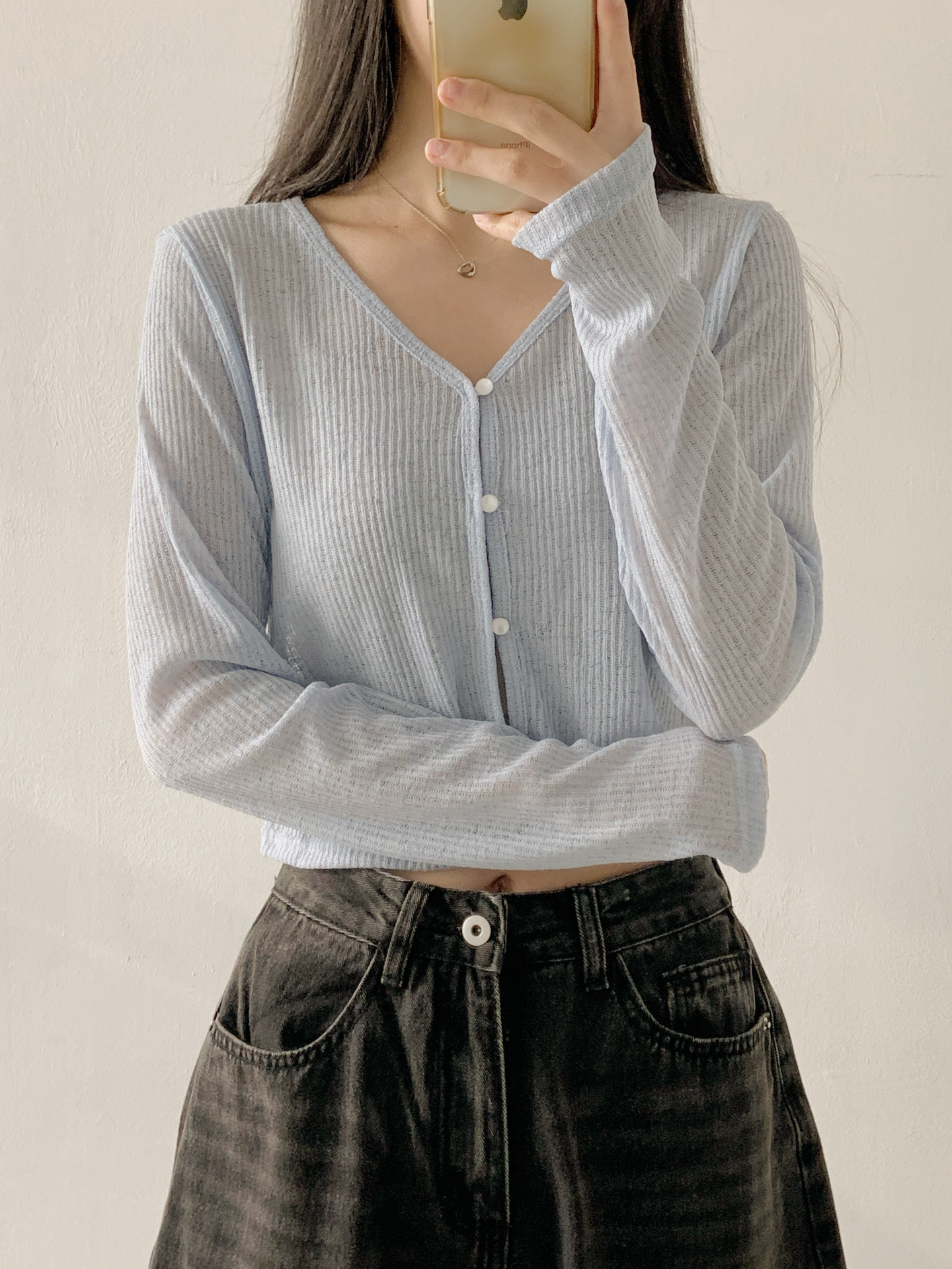 リブボタンVネッククロップドルーズ長袖無地カーディガン | 詳細画像13