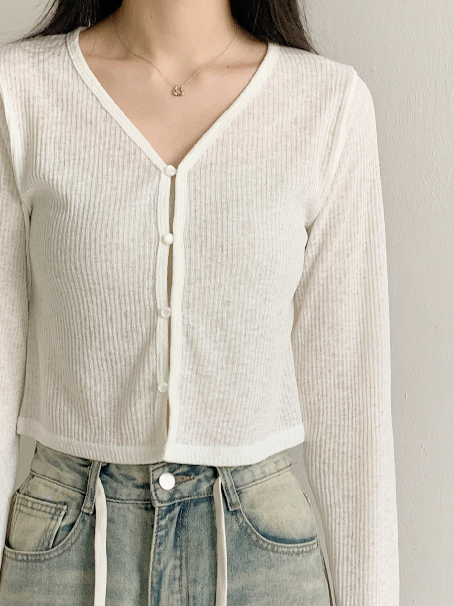 リブボタンVネッククロップドルーズ長袖無地カーディガン | 詳細画像4