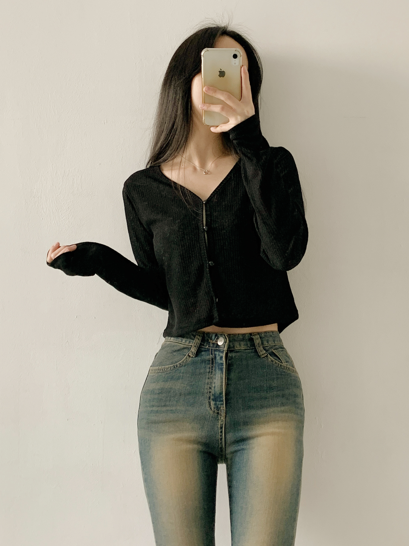 リブボタンVネッククロップドルーズ長袖無地カーディガン | 詳細画像8