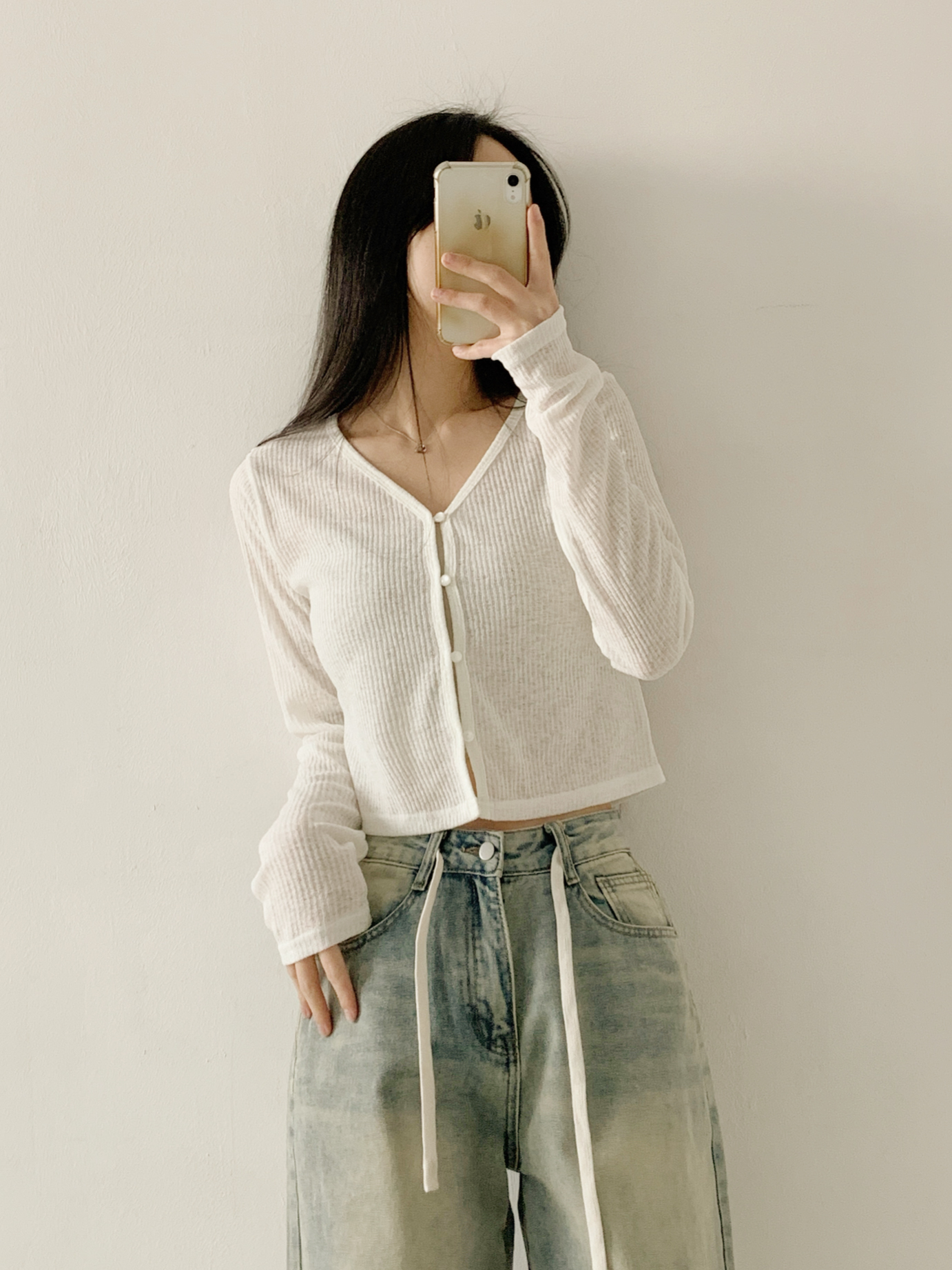 リブボタンVネッククロップドルーズ長袖無地カーディガン | 詳細画像5