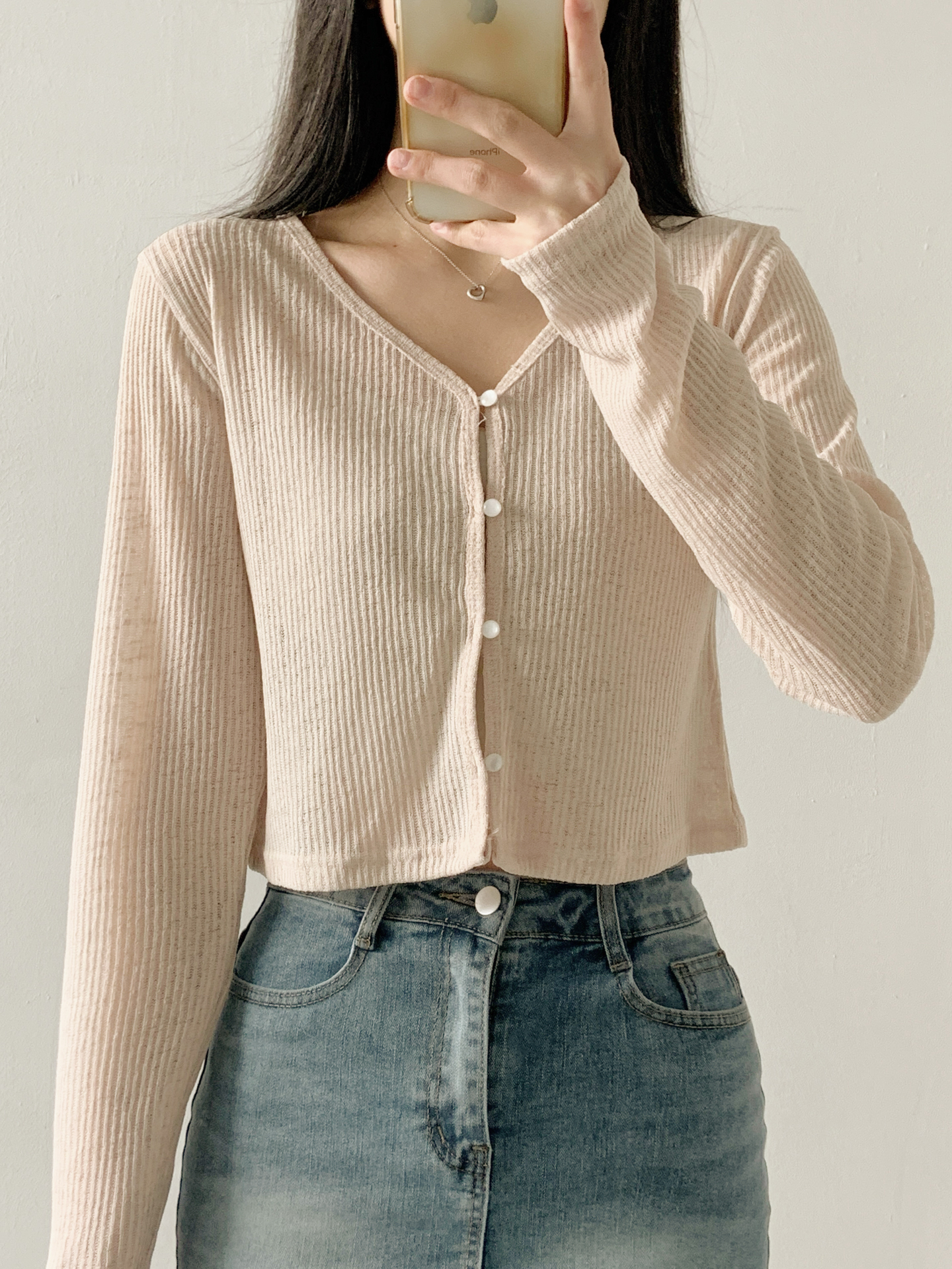 リブボタンVネッククロップドルーズ長袖無地カーディガン | 詳細画像15