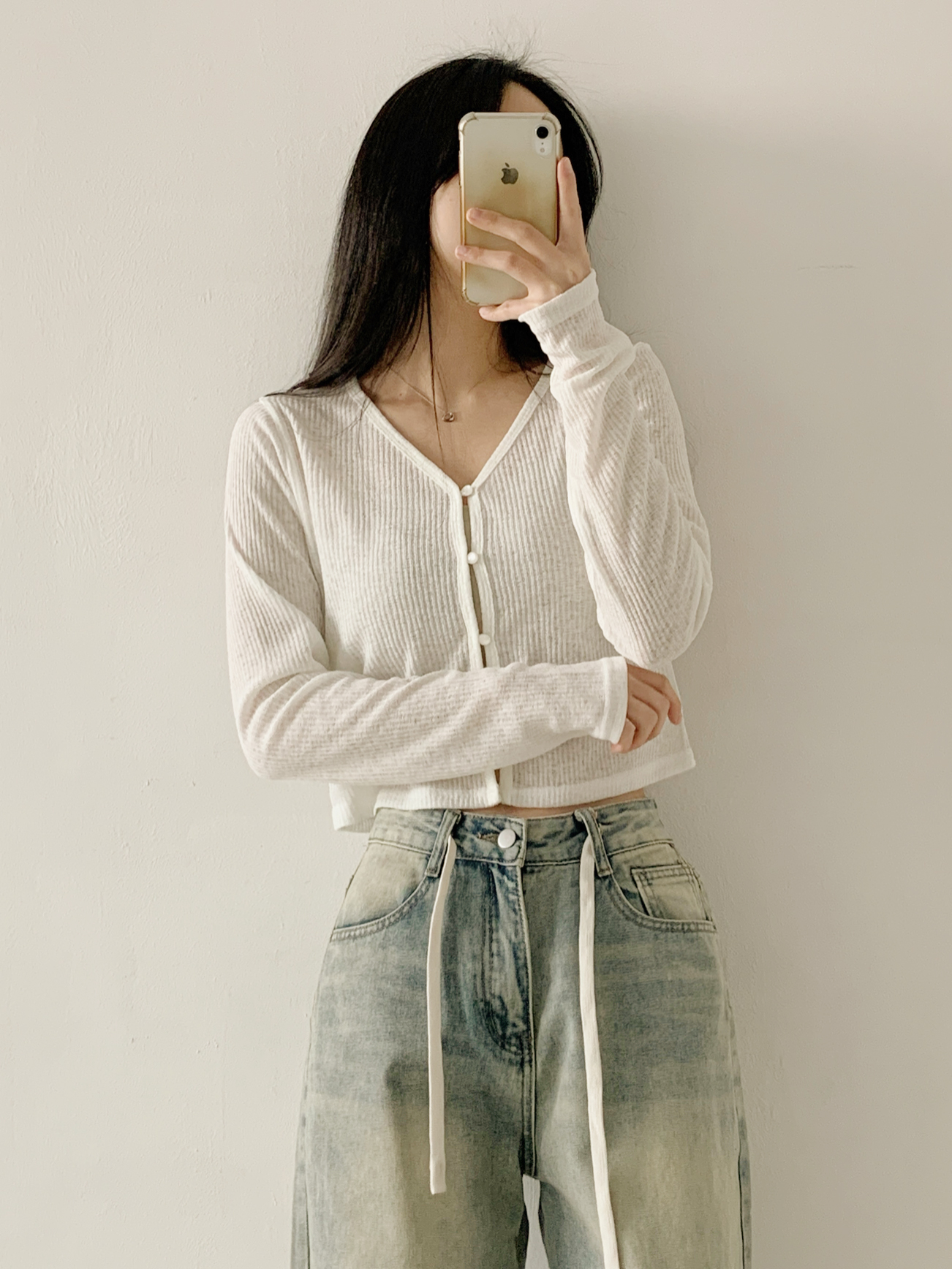 リブボタンVネッククロップドルーズ長袖無地カーディガン | 詳細画像3