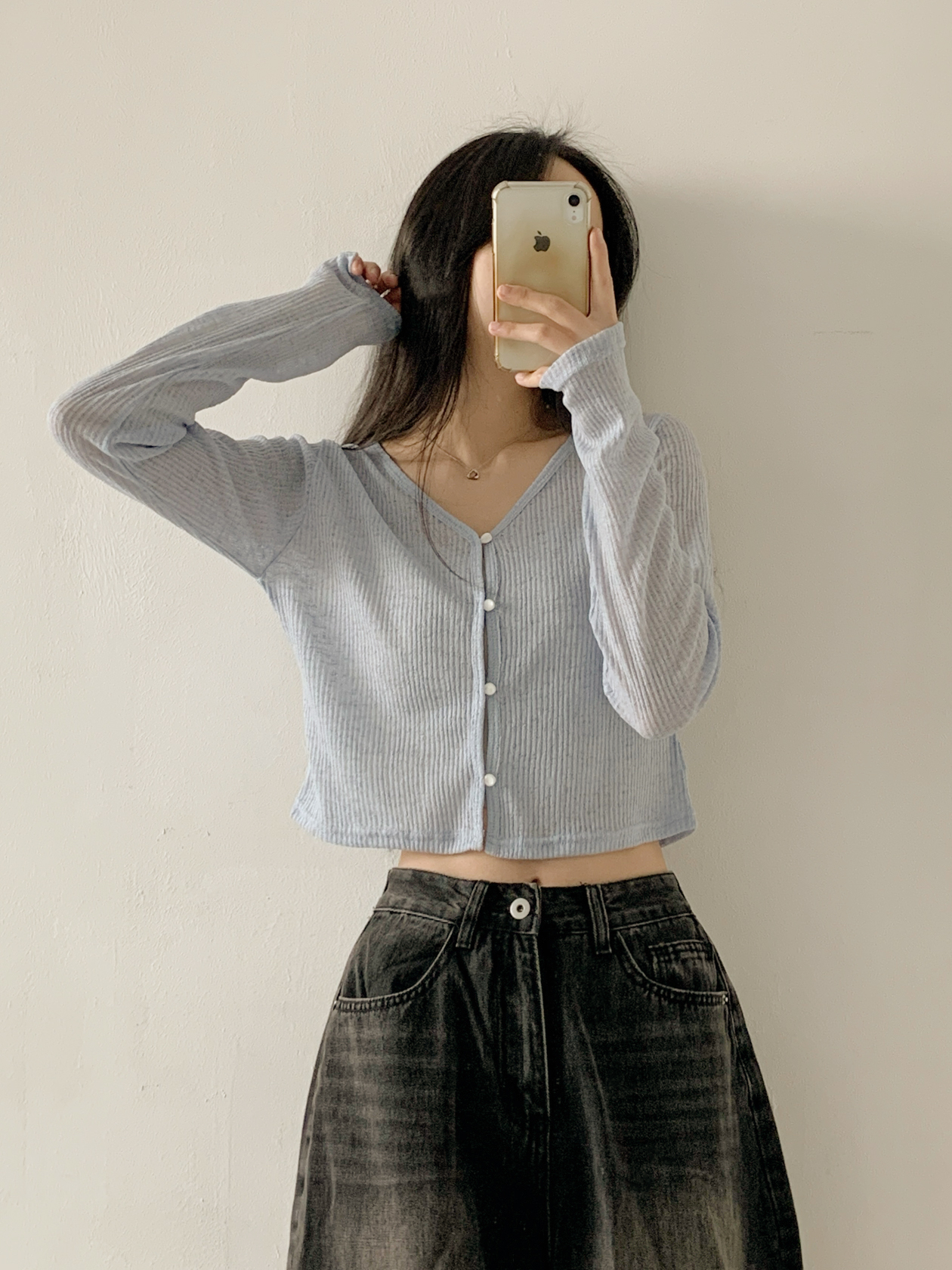 リブボタンVネッククロップドルーズ長袖無地カーディガン | 詳細画像11