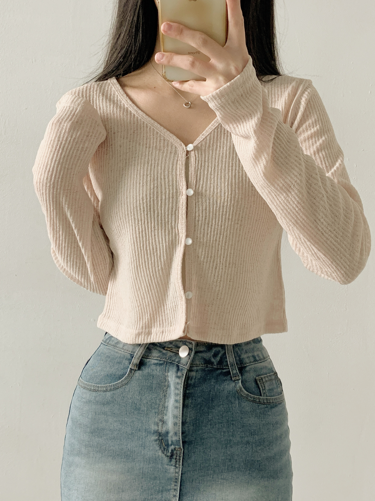 リブボタンVネッククロップドルーズ長袖無地カーディガン | 詳細画像14