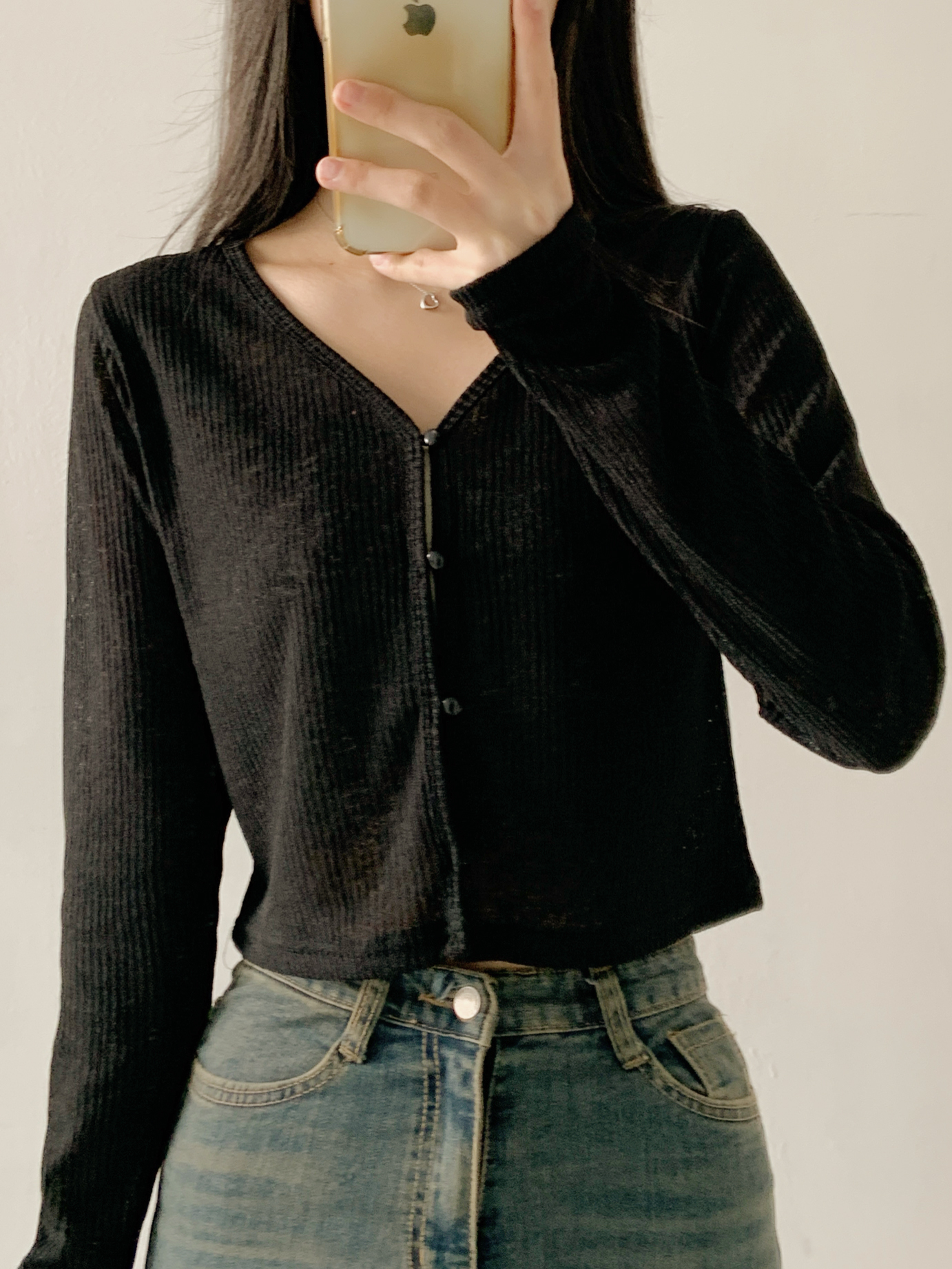 リブボタンVネッククロップドルーズ長袖無地カーディガン | 詳細画像9