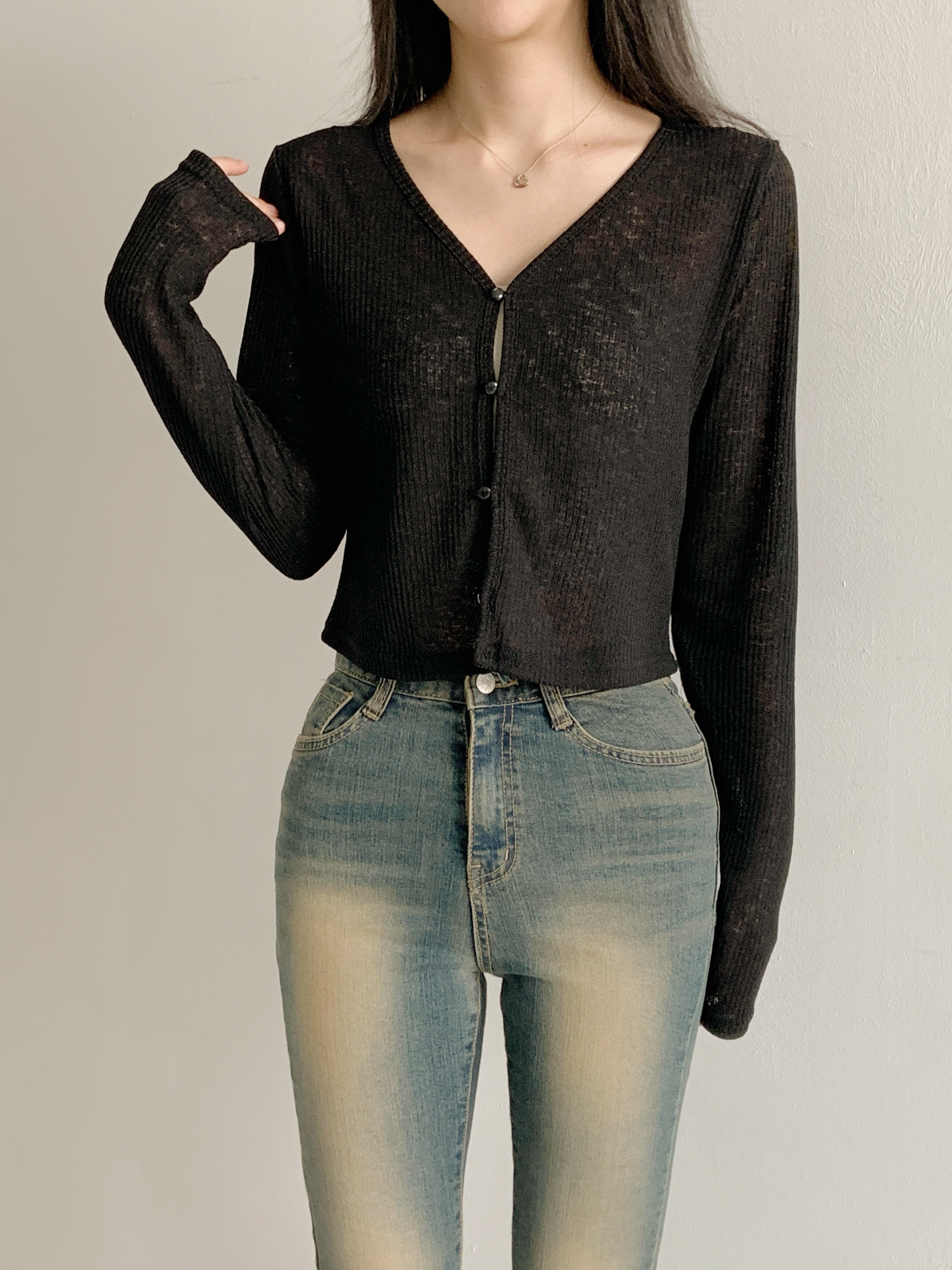 リブボタンVネッククロップドルーズ長袖無地カーディガン | 詳細画像6