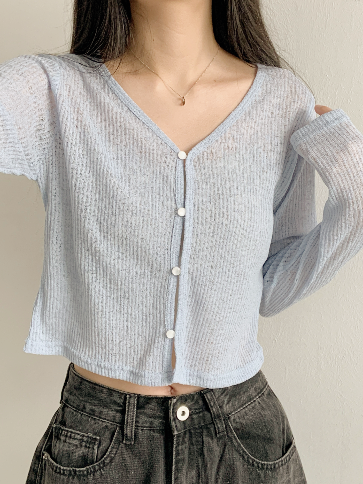 リブボタンVネッククロップドルーズ長袖無地カーディガン | 詳細画像10