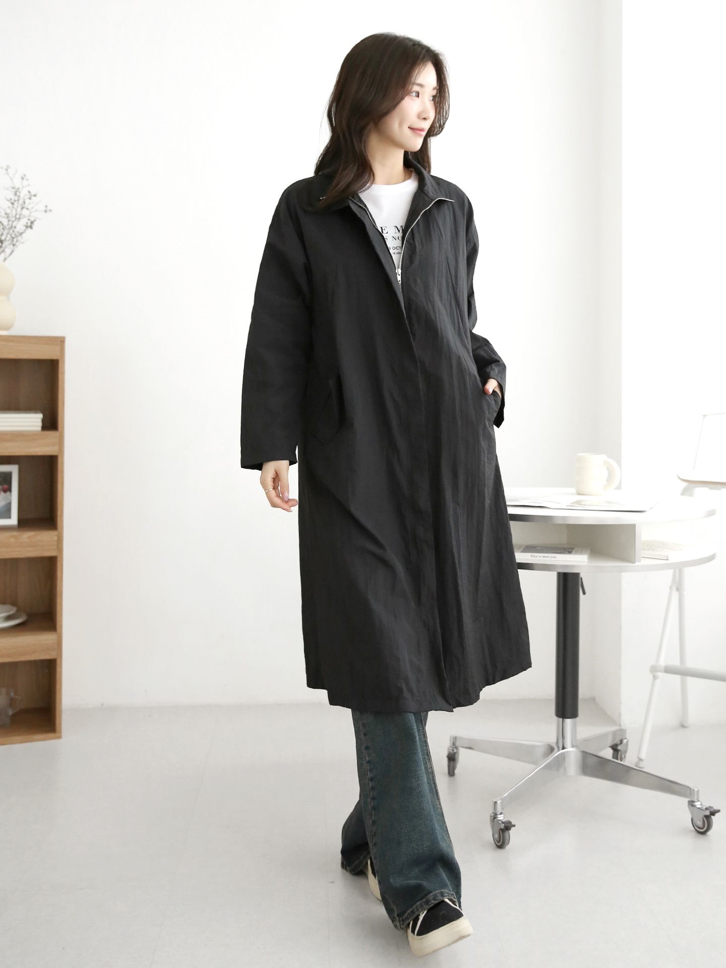 ナイロンジップアップハイネックスリットラインオーバーサイズロング長袖フラップポケット無地ジャンパー | 詳細画像20