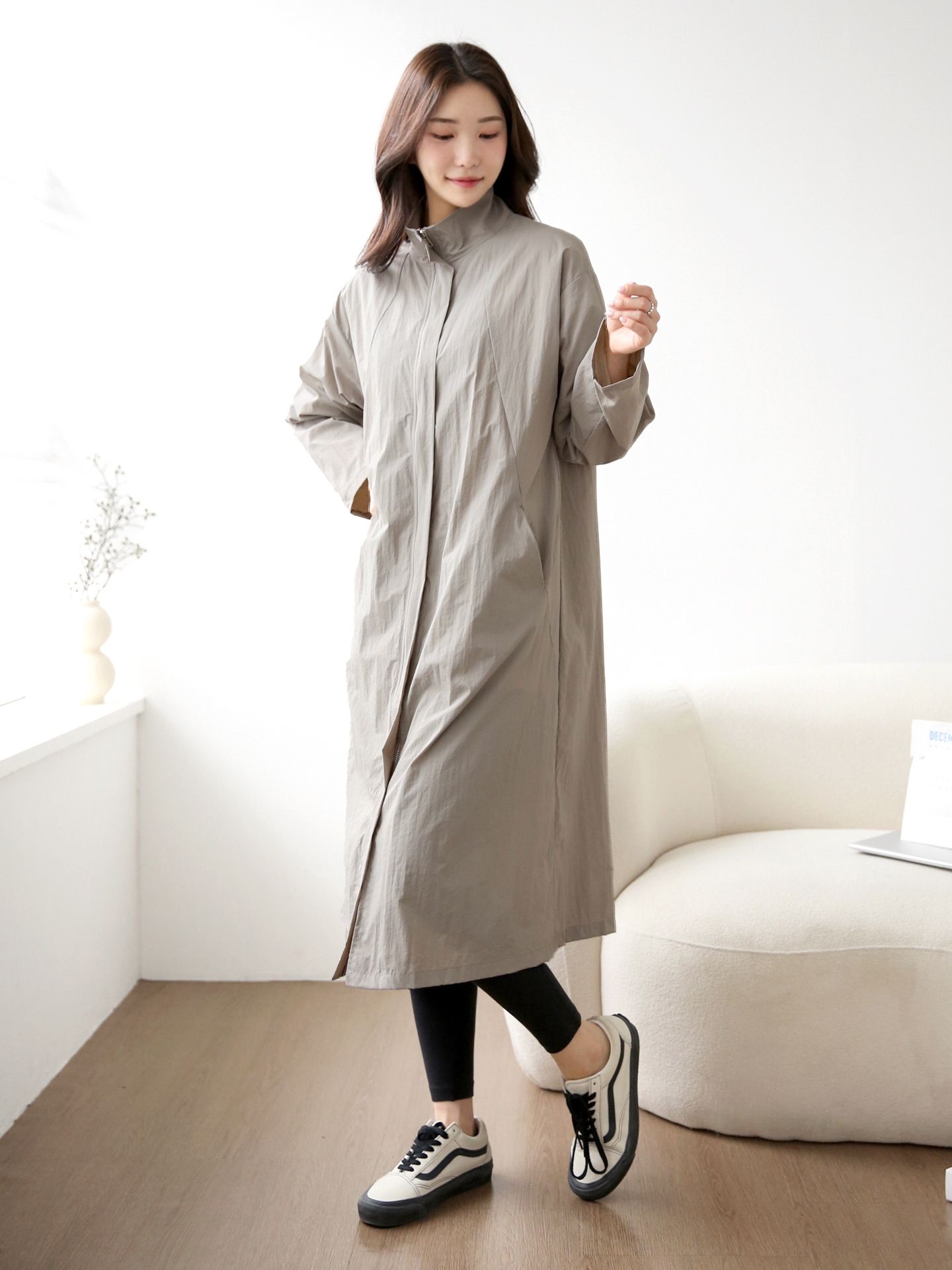 ナイロンジップアップハイネックスリットラインオーバーサイズロング長袖フラップポケット無地ジャンパー | 詳細画像3