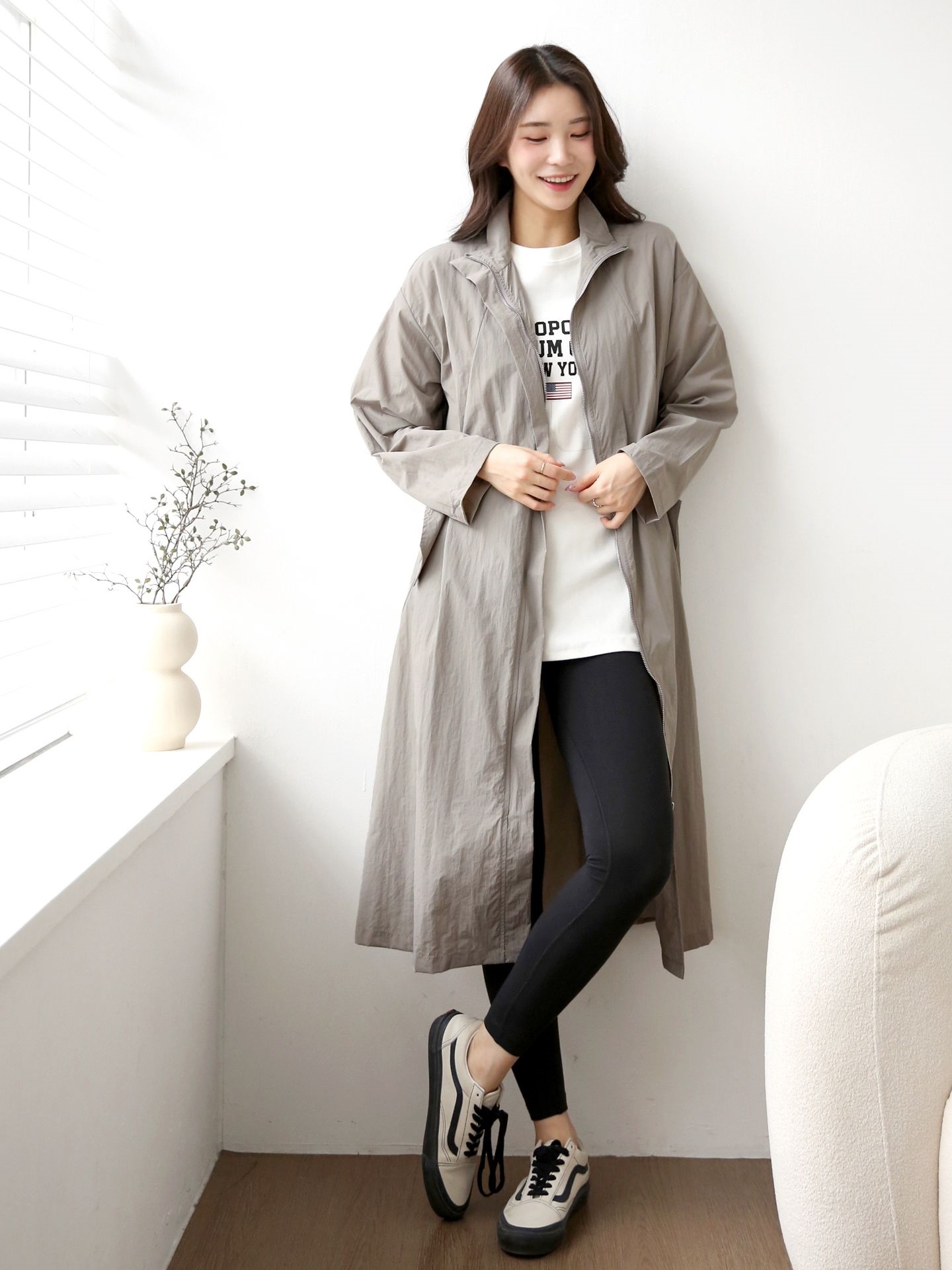 ナイロンジップアップハイネックスリットラインオーバーサイズロング長袖フラップポケット無地ジャンパー | 詳細画像4