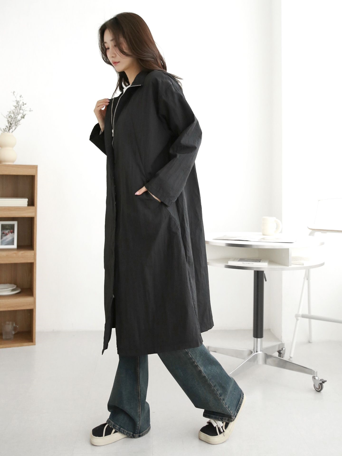 ナイロンジップアップハイネックスリットラインオーバーサイズロング長袖フラップポケット無地ジャンパー | 詳細画像14