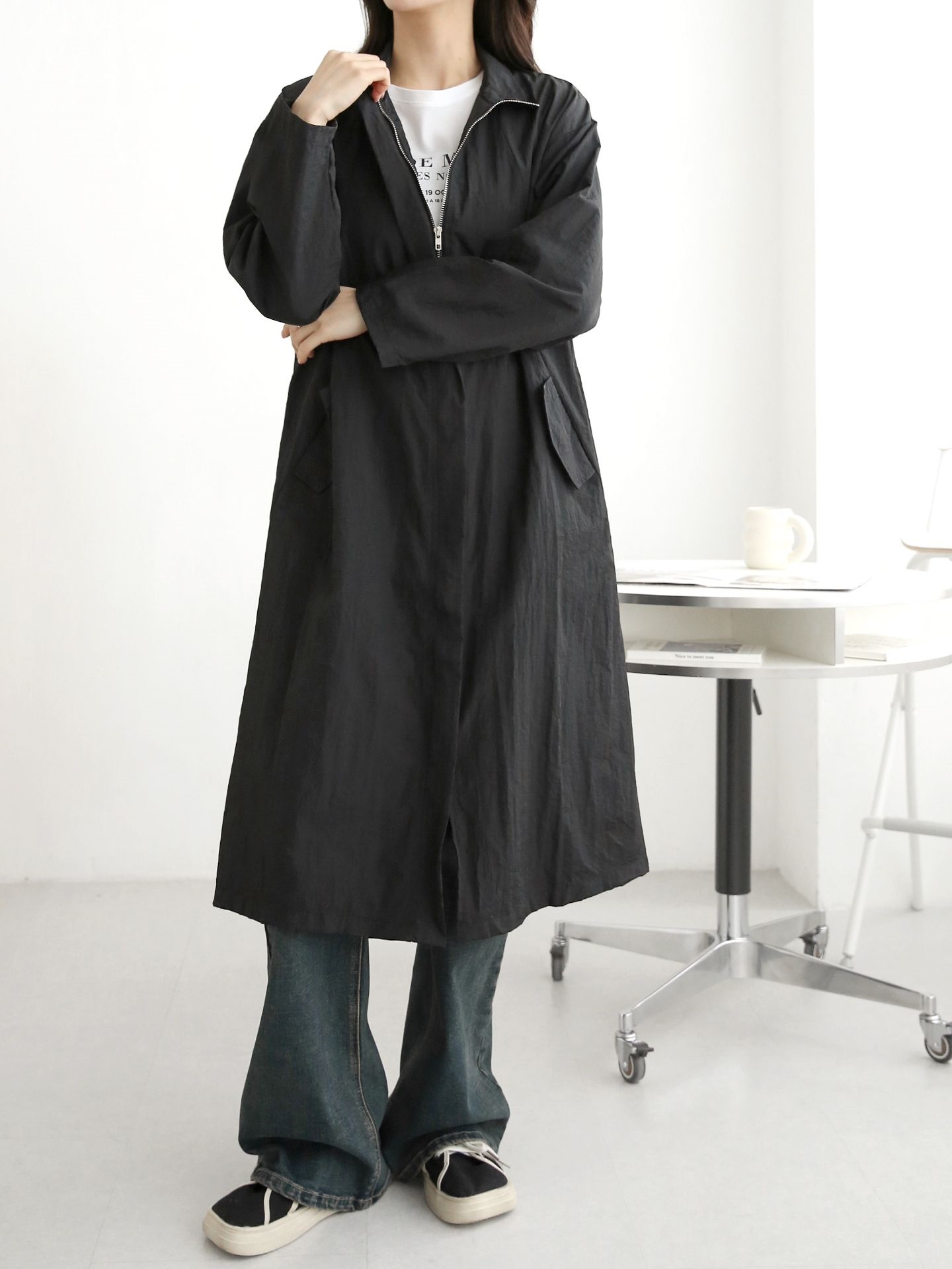 ナイロンジップアップハイネックスリットラインオーバーサイズロング長袖フラップポケット無地ジャンパー | 詳細画像18