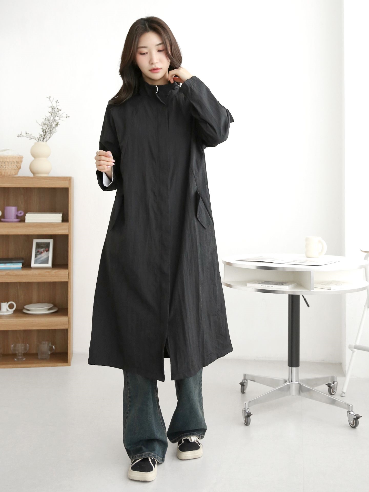 ナイロンジップアップハイネックスリットラインオーバーサイズロング長袖フラップポケット無地ジャンパー | 詳細画像15