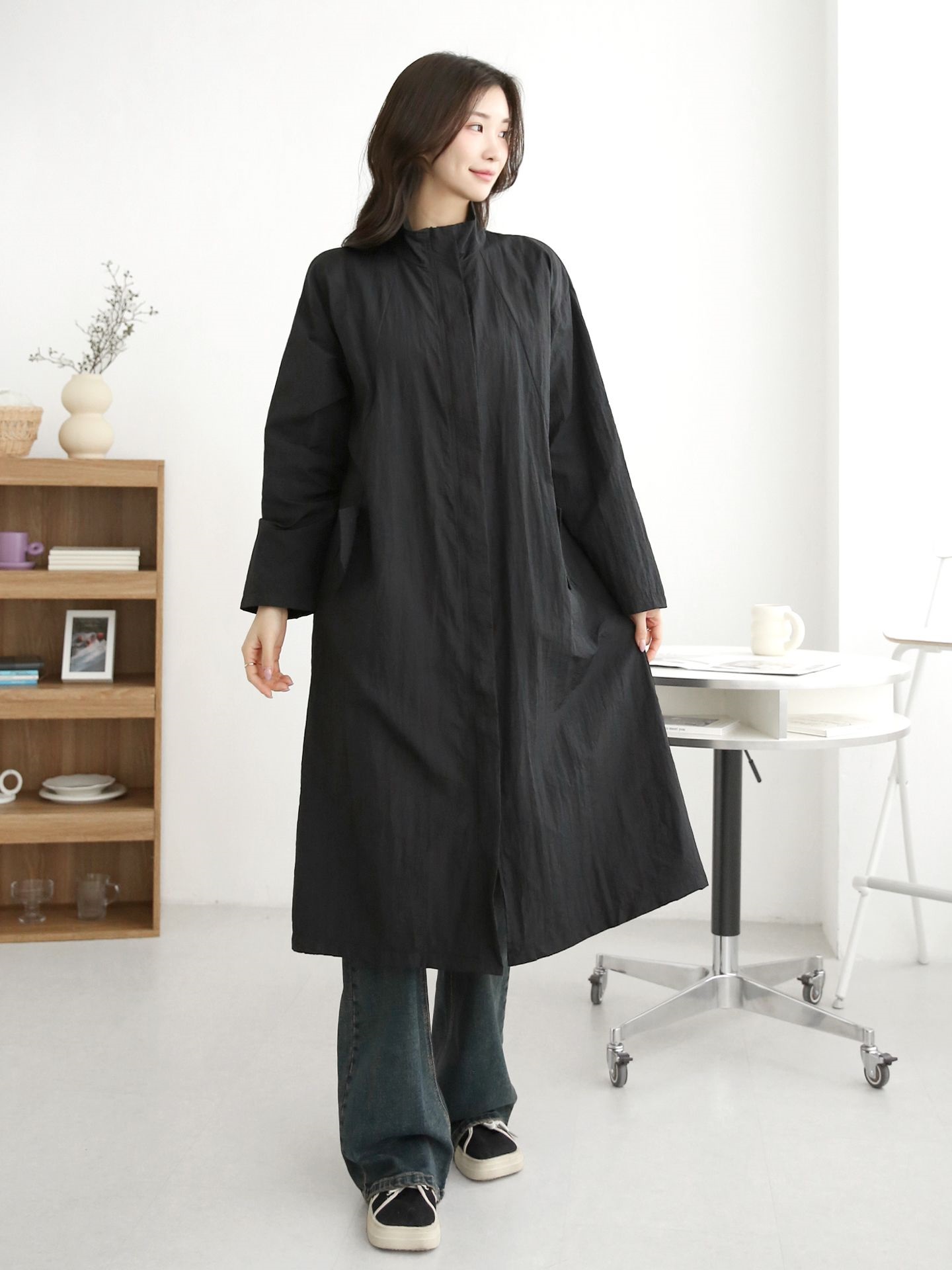 ナイロンジップアップハイネックスリットラインオーバーサイズロング長袖フラップポケット無地ジャンパー | 詳細画像17