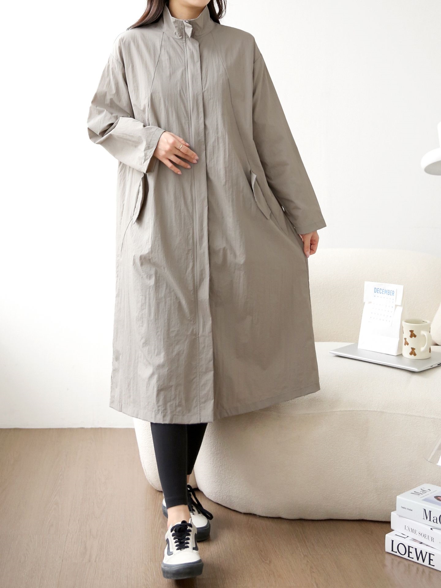 ナイロンジップアップハイネックスリットラインオーバーサイズロング長袖フラップポケット無地ジャンパー | 詳細画像9