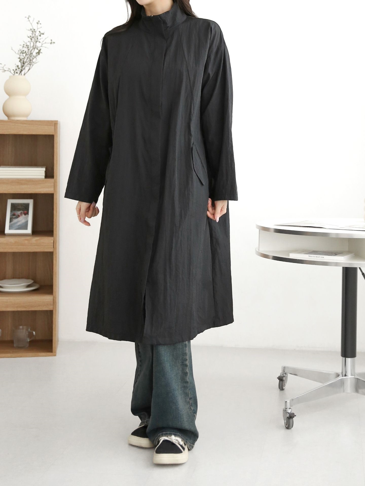 ナイロンジップアップハイネックスリットラインオーバーサイズロング長袖フラップポケット無地ジャンパー | 詳細画像19