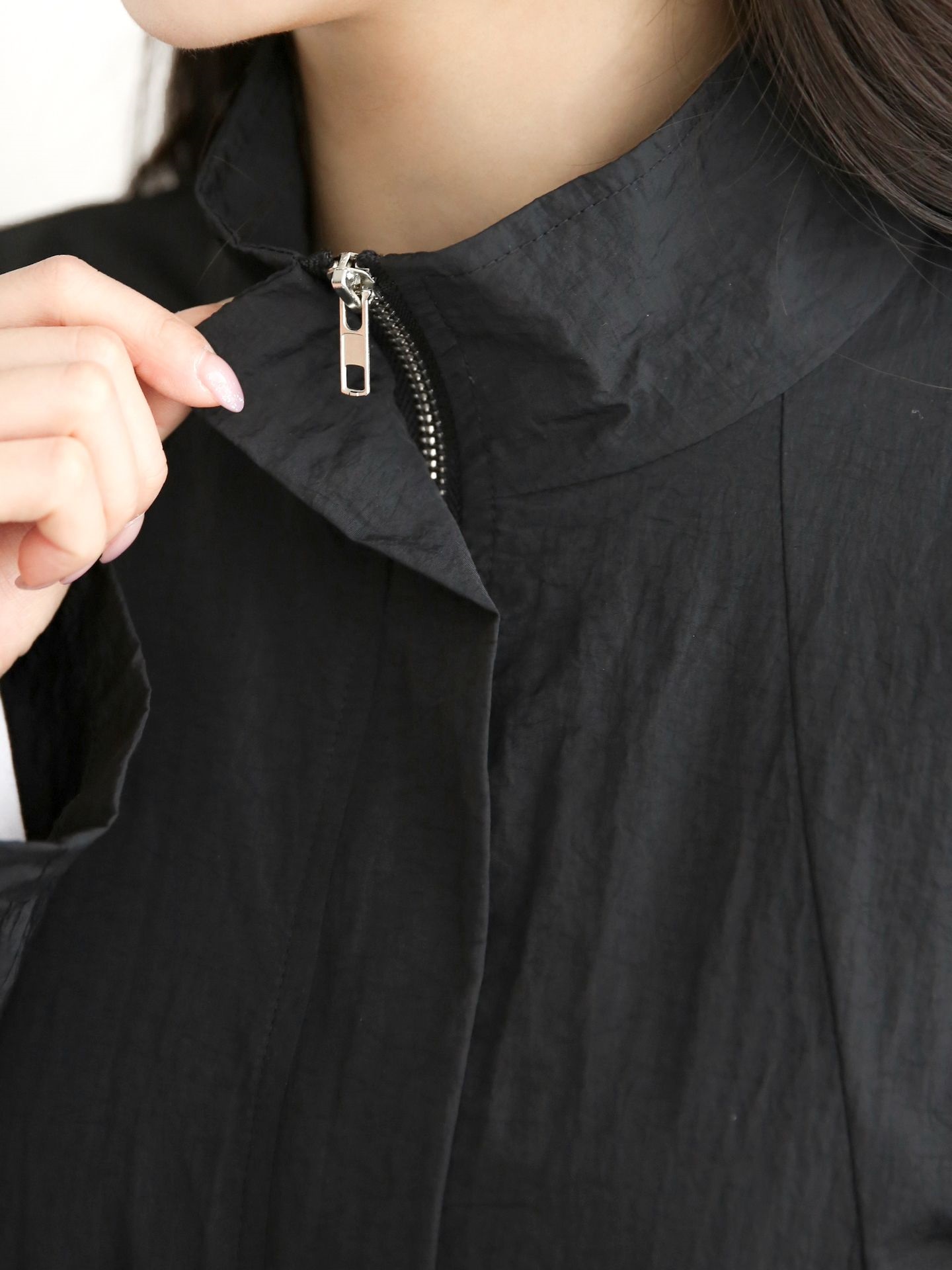 ナイロンジップアップハイネックスリットラインオーバーサイズロング長袖フラップポケット無地ジャンパー | 詳細画像27