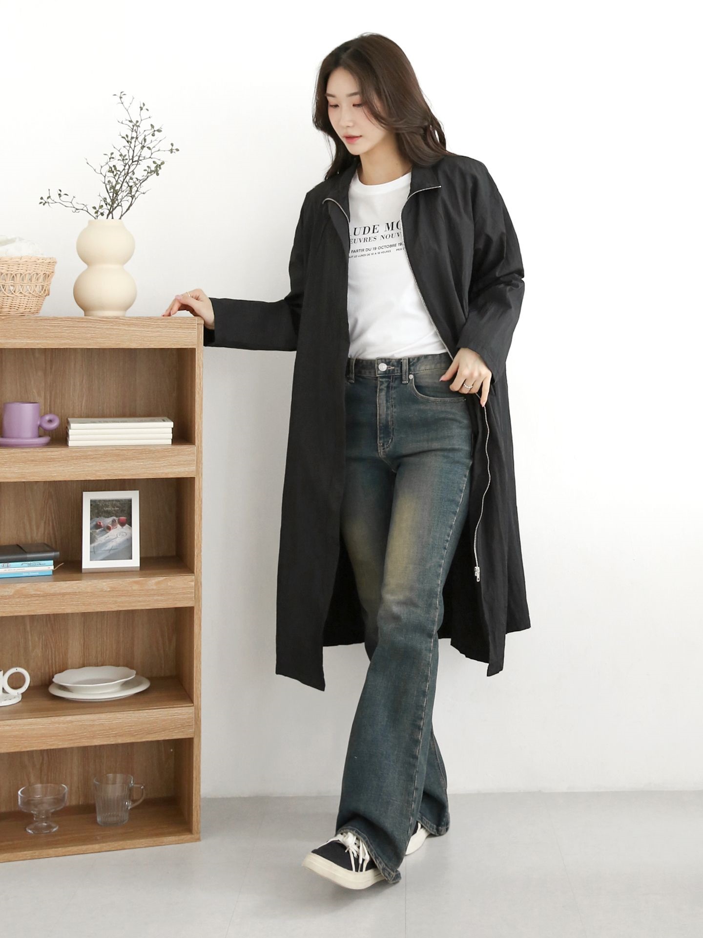 ナイロンジップアップハイネックスリットラインオーバーサイズロング長袖フラップポケット無地ジャンパー | 詳細画像21