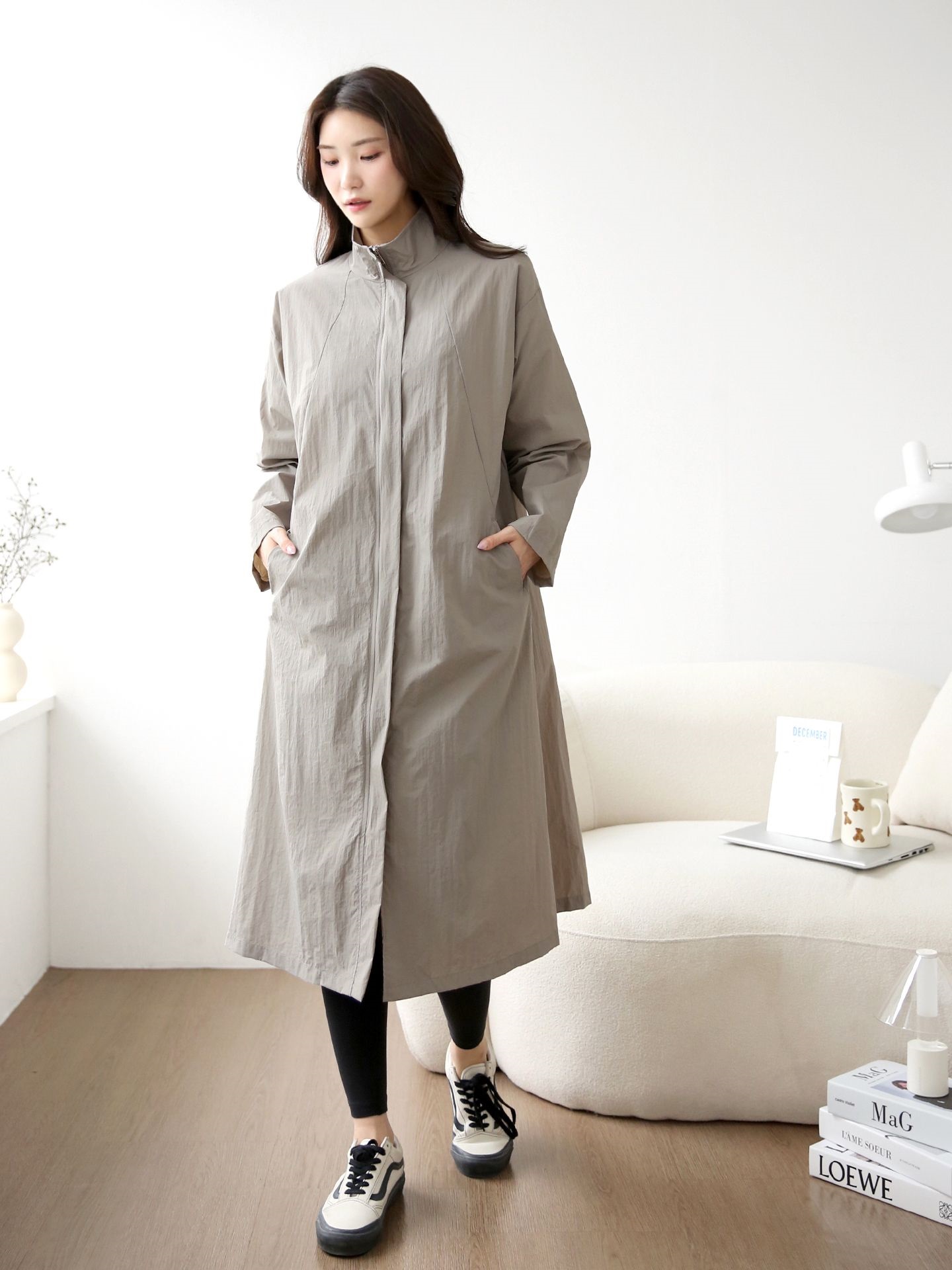 ナイロンジップアップハイネックスリットラインオーバーサイズロング長袖フラップポケット無地ジャンパー | 詳細画像10