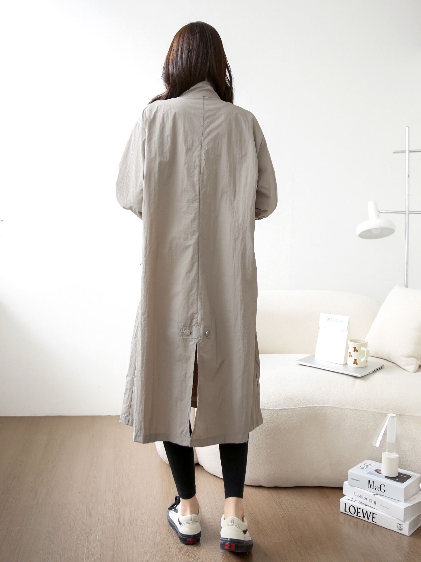 ナイロンジップアップハイネックスリットラインオーバーサイズロング長袖フラップポケット無地ジャンパー | 詳細画像13