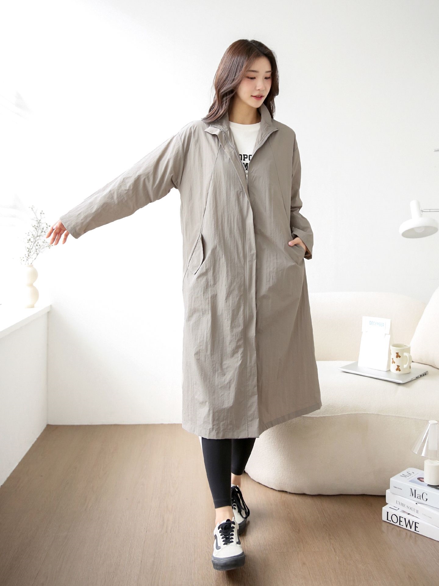 ナイロンジップアップハイネックスリットラインオーバーサイズロング長袖フラップポケット無地ジャンパー | 詳細画像12