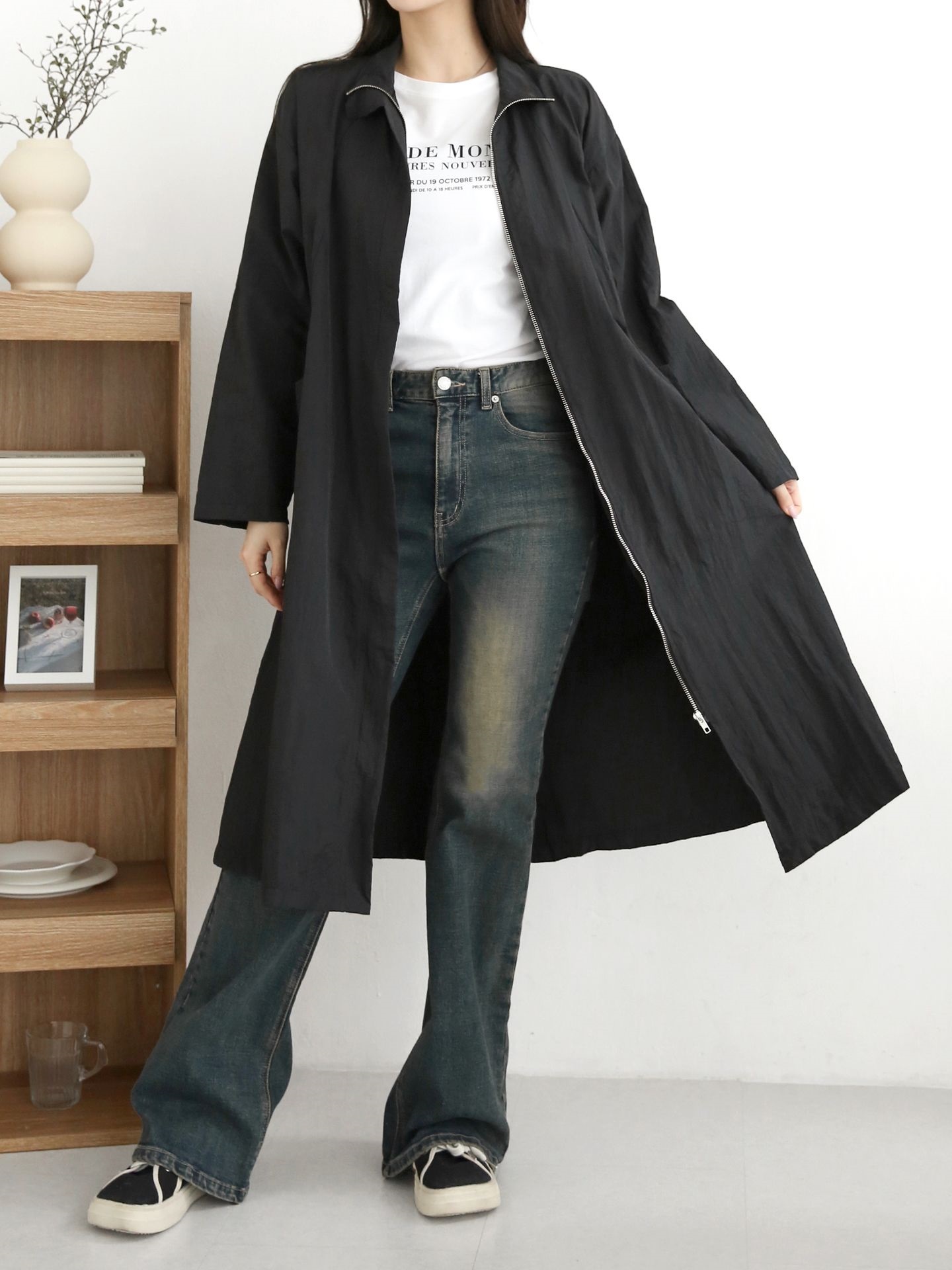 ナイロンジップアップハイネックスリットラインオーバーサイズロング長袖フラップポケット無地ジャンパー | 詳細画像22