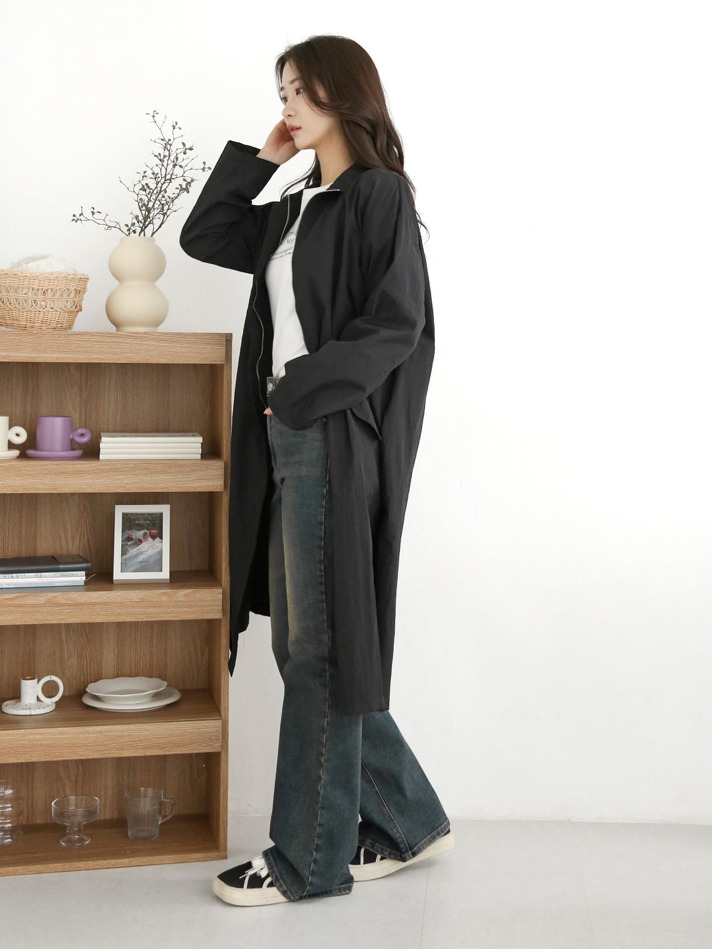 ナイロンジップアップハイネックスリットラインオーバーサイズロング長袖フラップポケット無地ジャンパー | 詳細画像23