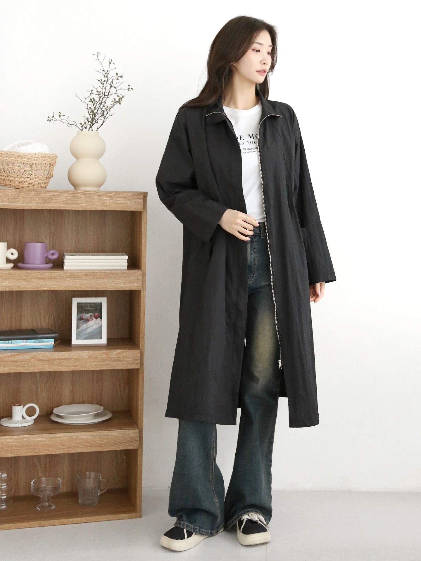 ナイロンジップアップハイネックスリットラインオーバーサイズロング長袖フラップポケット無地ジャンパー | 詳細画像24