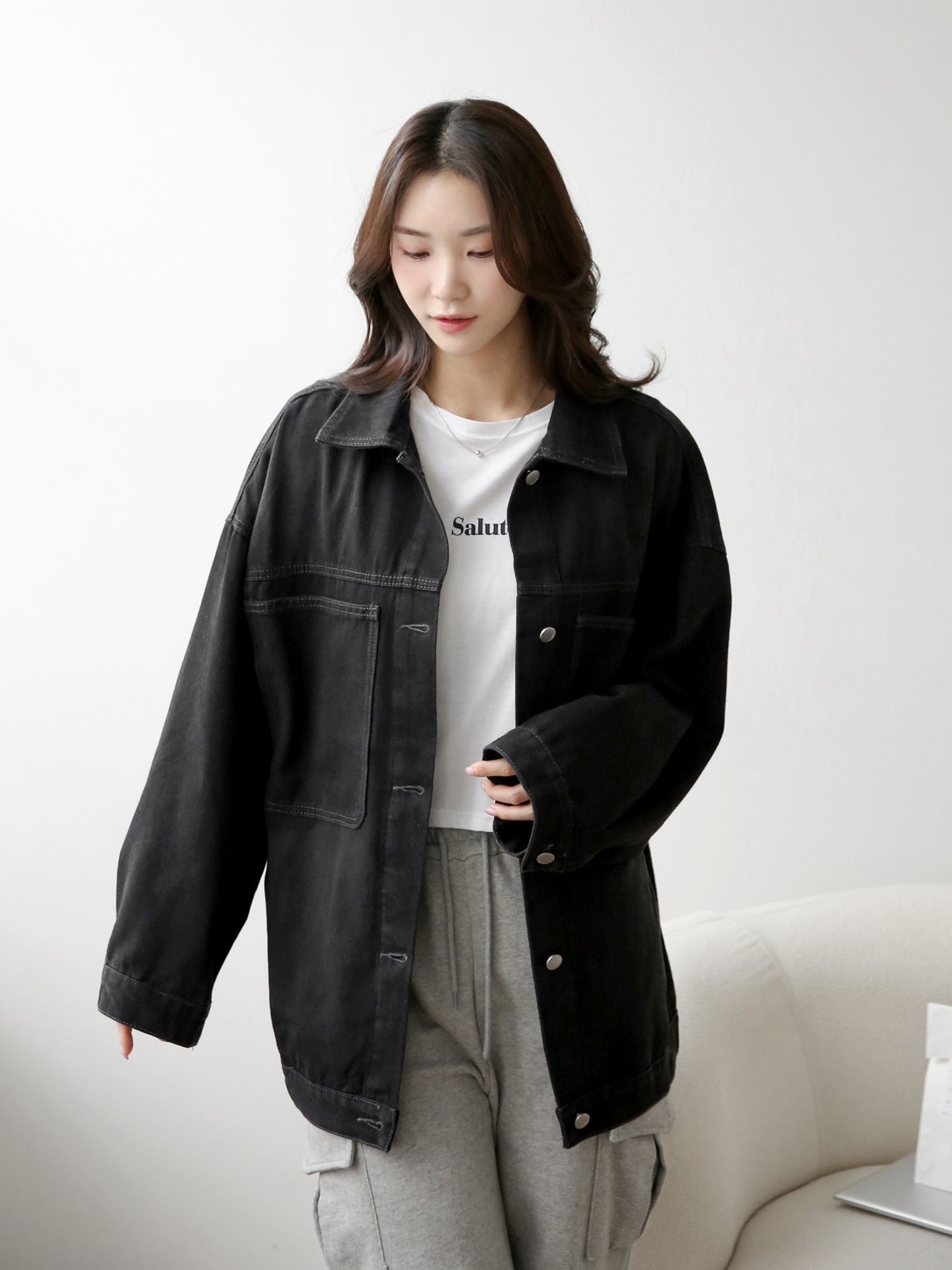 デニムボタンカラーポケットオーバーサイズボタンスリーブハーフジャケット | 詳細画像12