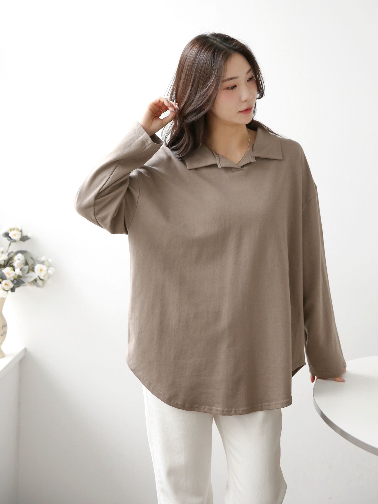 コットンカラーオーバーサイズ長袖ビッグハーフ無地Tシャツ | 詳細画像2