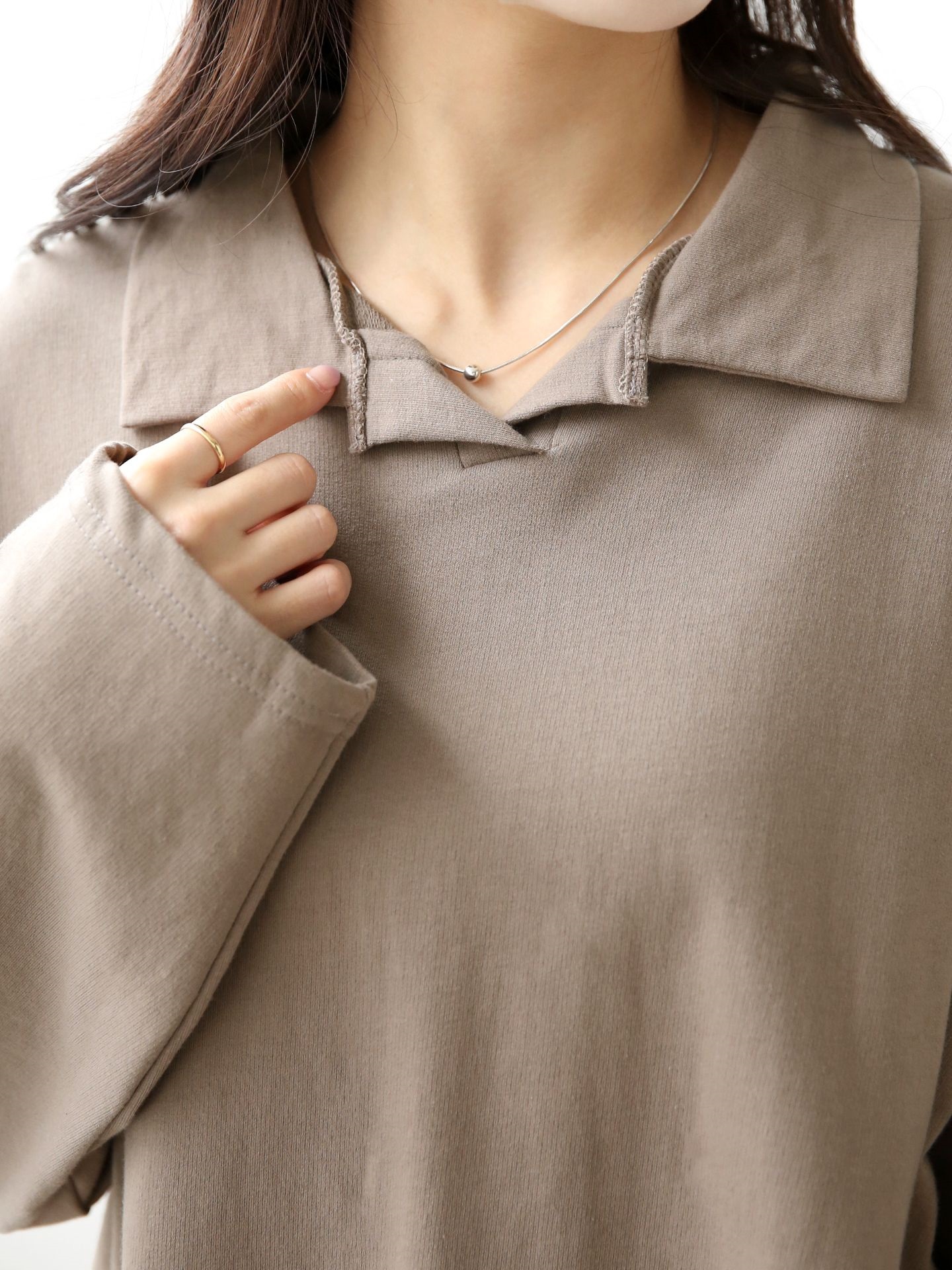 コットンカラーオーバーサイズ長袖ビッグハーフ無地Tシャツ | 詳細画像4