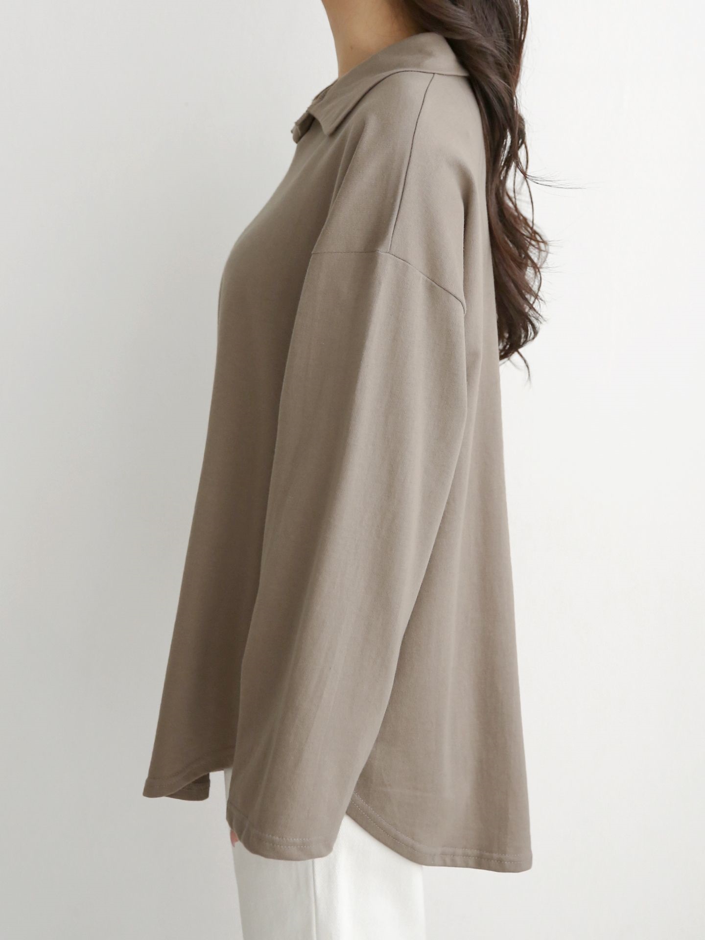 コットンカラーオーバーサイズ長袖ビッグハーフ無地Tシャツ | 詳細画像5