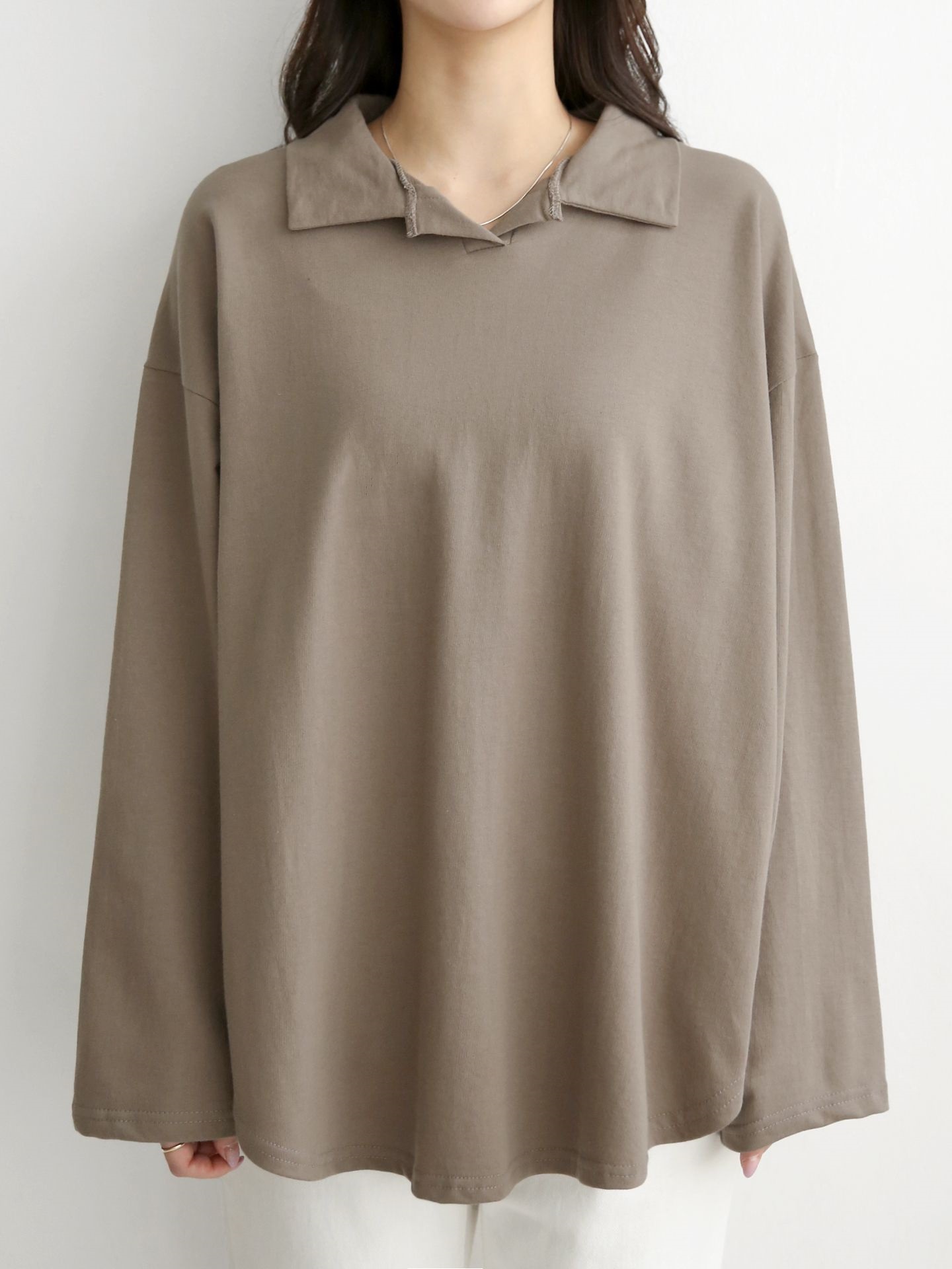 コットンカラーオーバーサイズ長袖ビッグハーフ無地Tシャツ | 詳細画像6