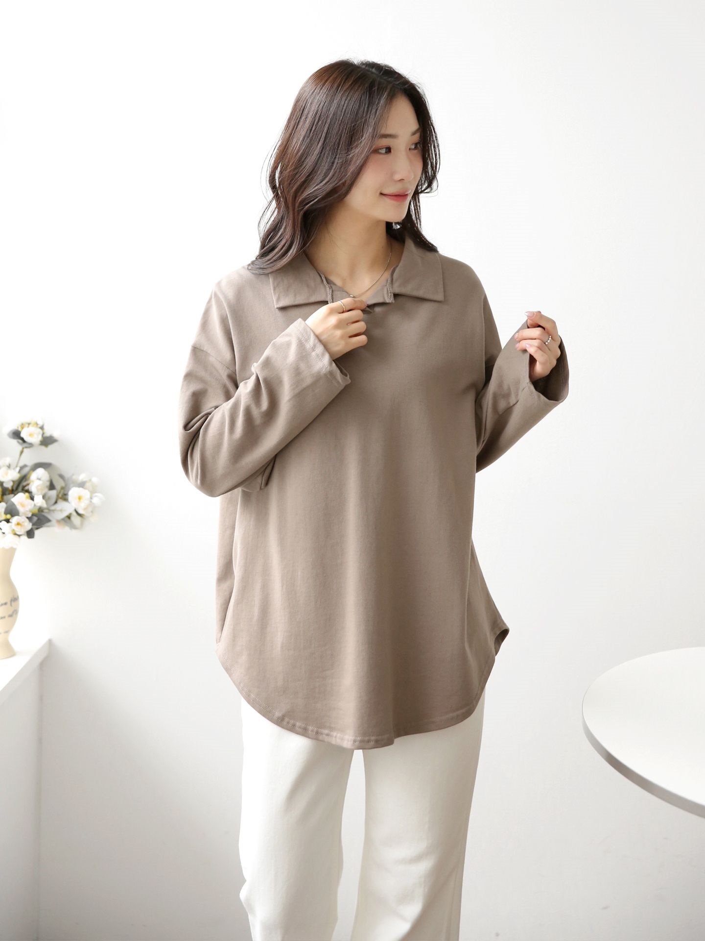 コットンカラーオーバーサイズ長袖ビッグハーフ無地Tシャツ | 詳細画像7