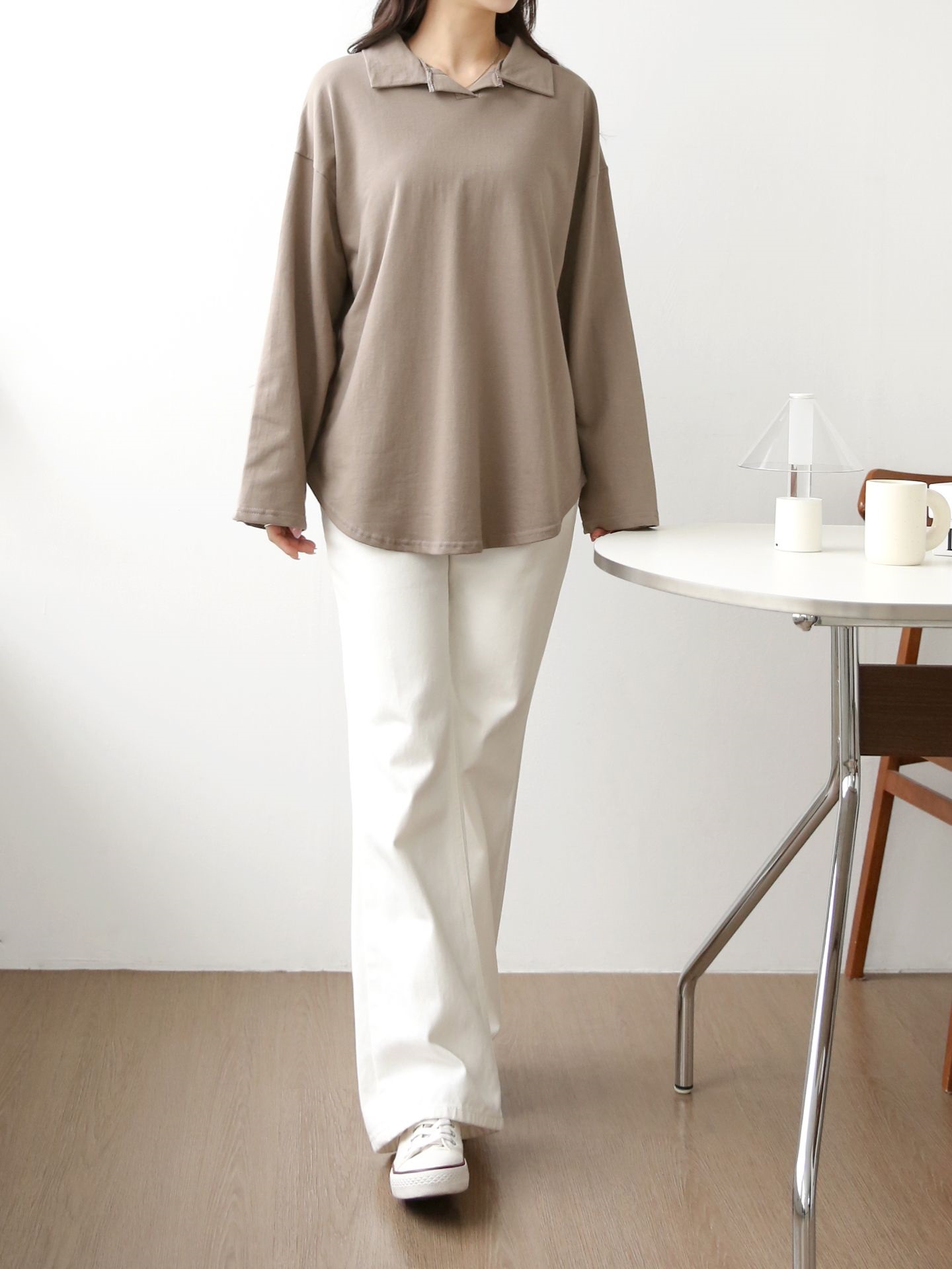 コットンカラーオーバーサイズ長袖ビッグハーフ無地Tシャツ | 詳細画像8