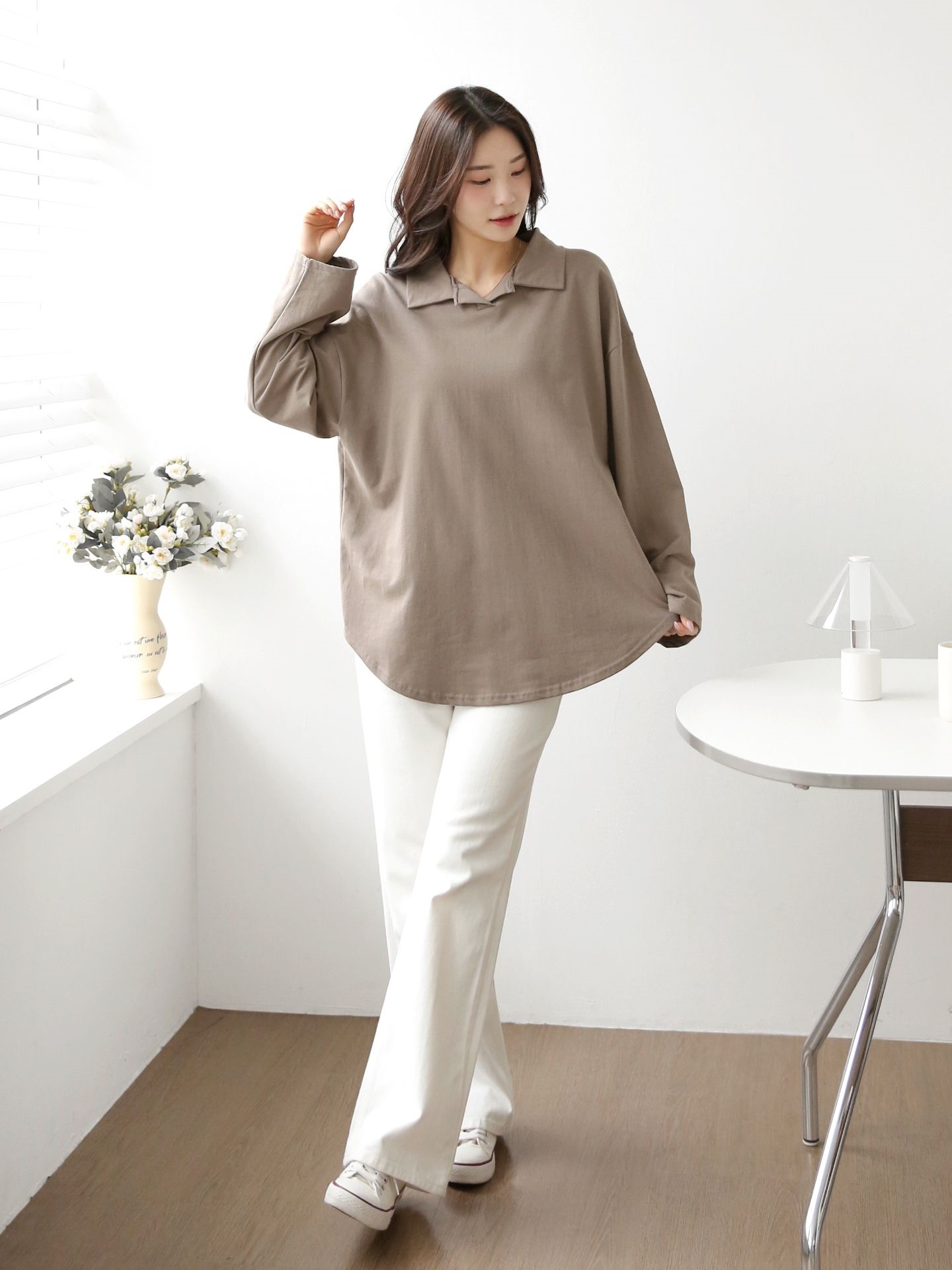 コットンカラーオーバーサイズ長袖ビッグハーフ無地Tシャツ | 詳細画像9