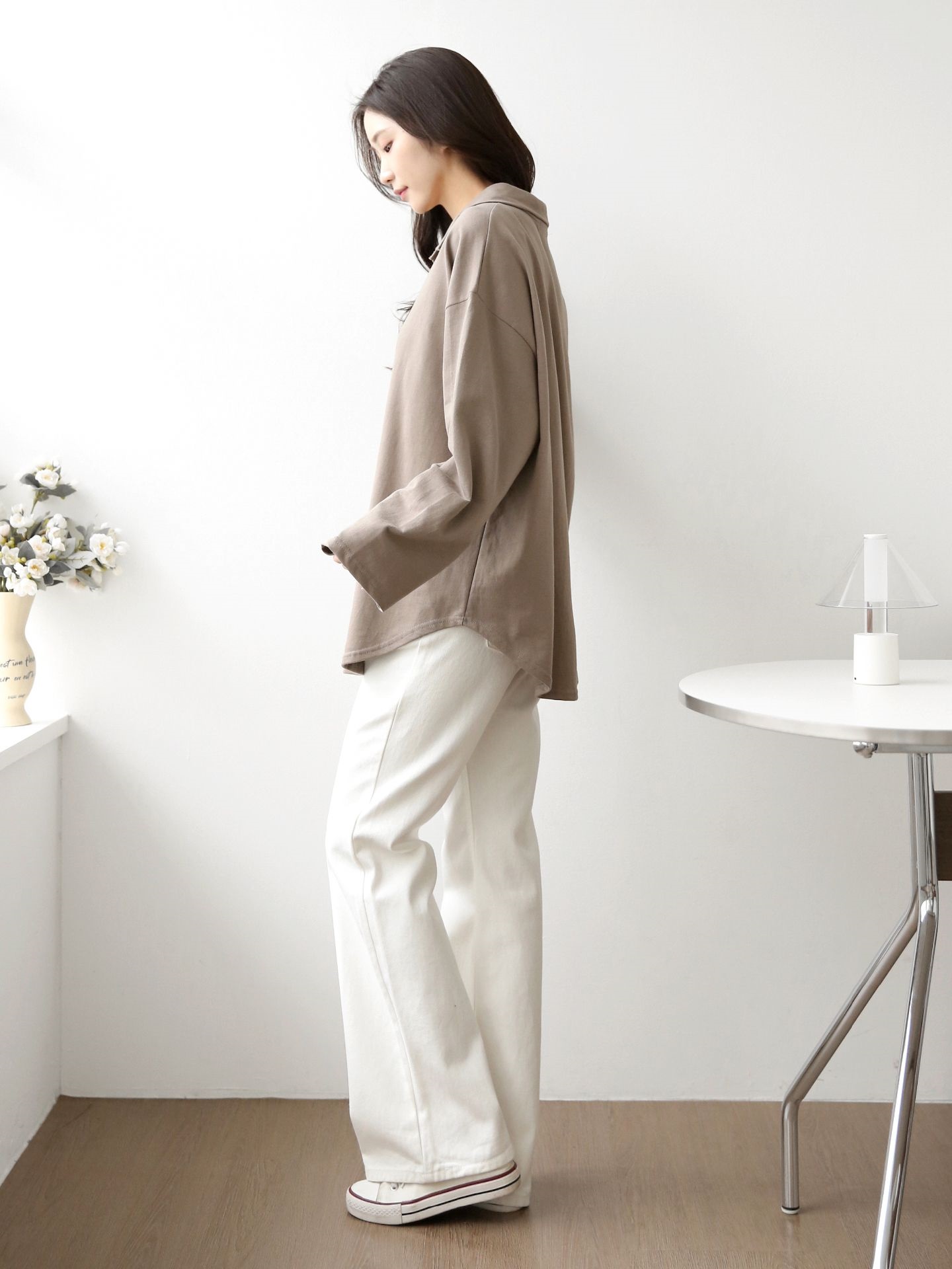 コットンカラーオーバーサイズ長袖ビッグハーフ無地Tシャツ | 詳細画像10