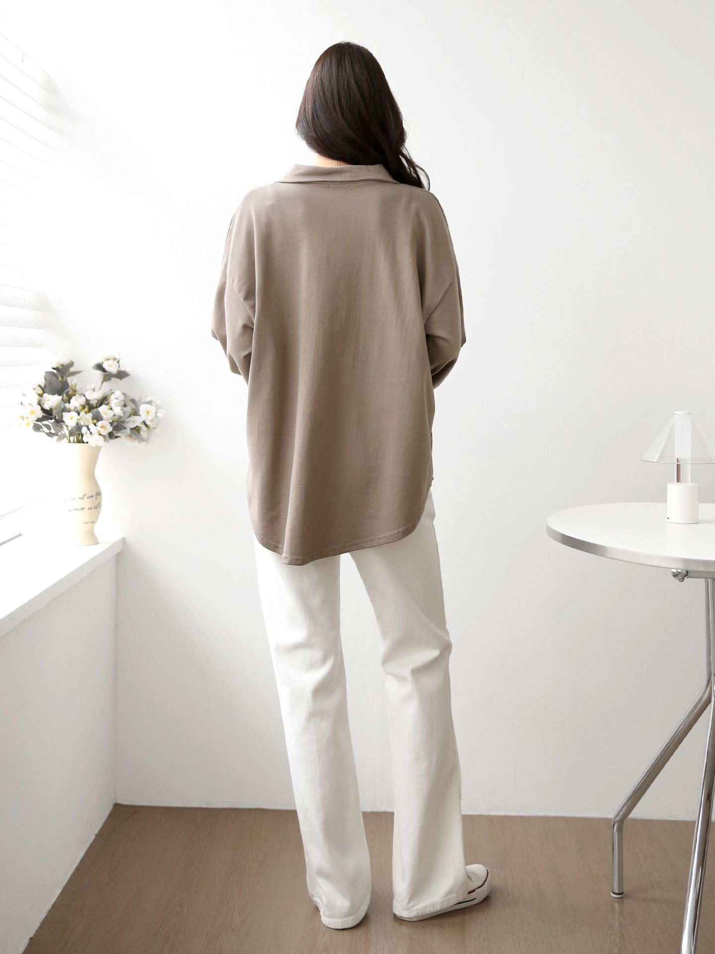 コットンカラーオーバーサイズ長袖ビッグハーフ無地Tシャツ | 詳細画像11