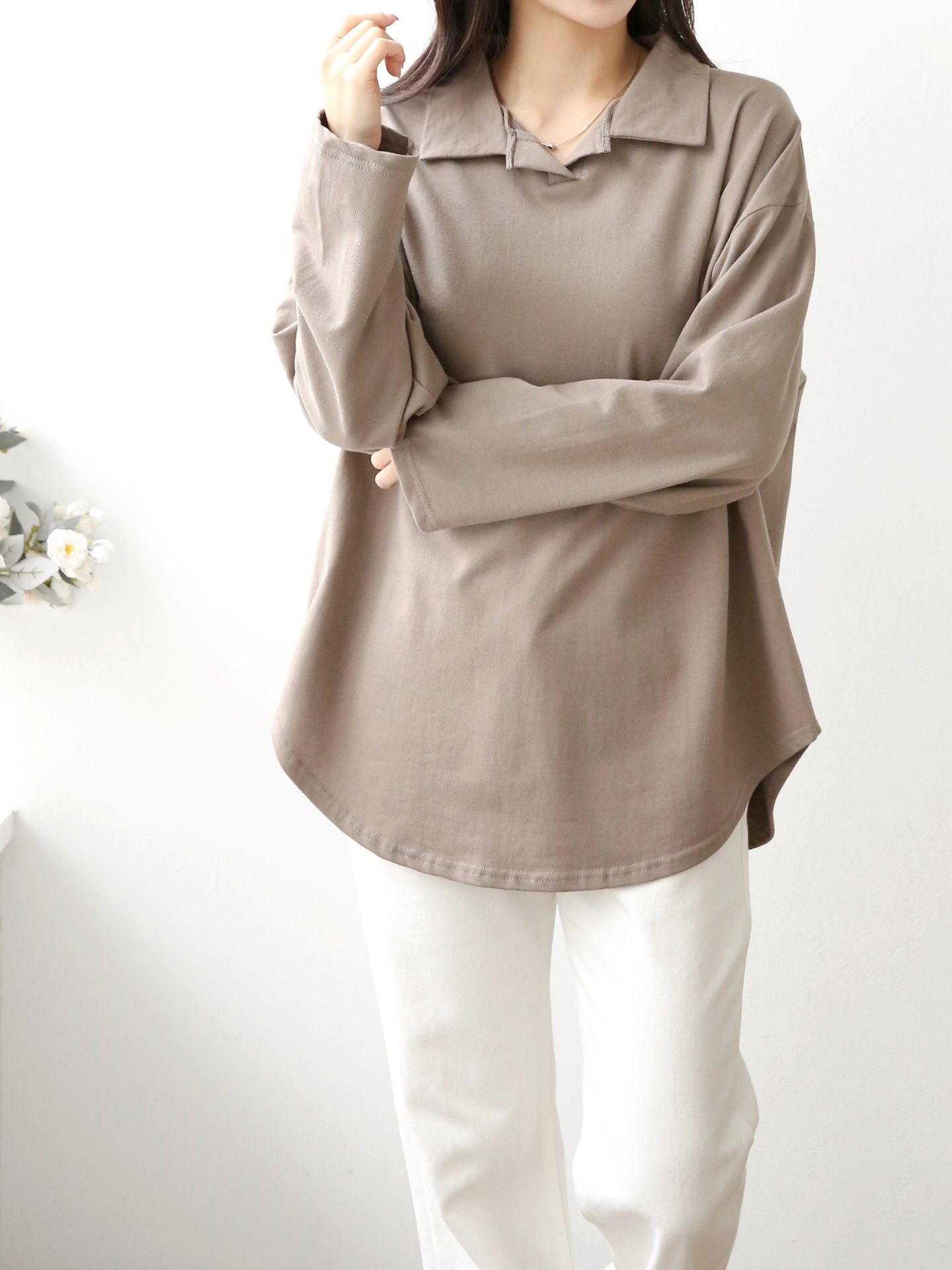 コットンカラーオーバーサイズ長袖ビッグハーフ無地Tシャツ | 詳細画像15