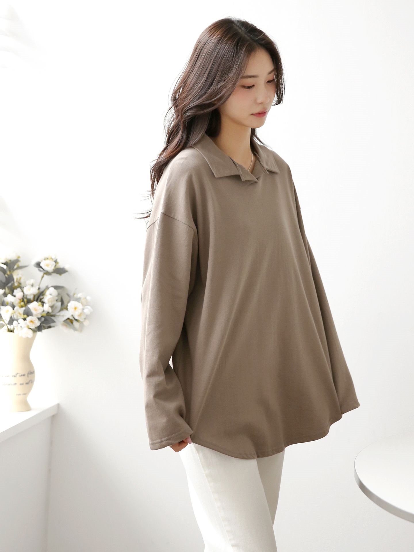 コットンカラーオーバーサイズ長袖ビッグハーフ無地Tシャツ | 詳細画像16