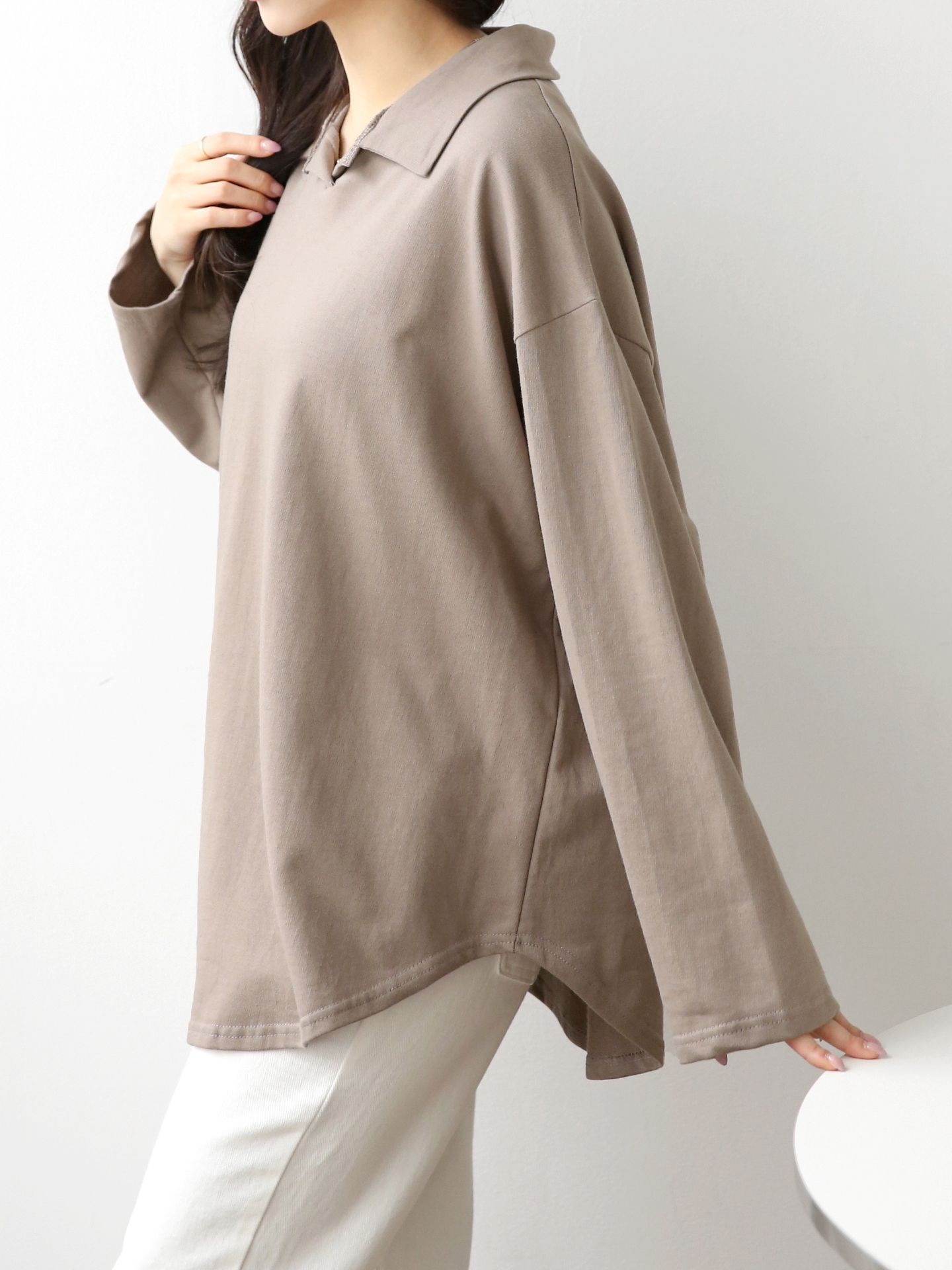 コットンカラーオーバーサイズ長袖ビッグハーフ無地Tシャツ | 詳細画像17