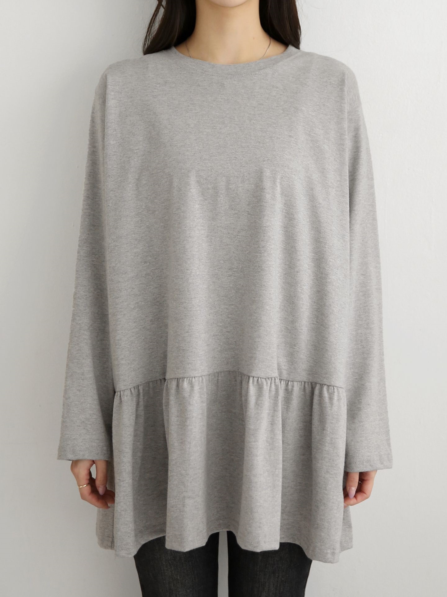 ラウンドネックラッフルボクシー長袖ミディ無地Tシャツ | 詳細画像6