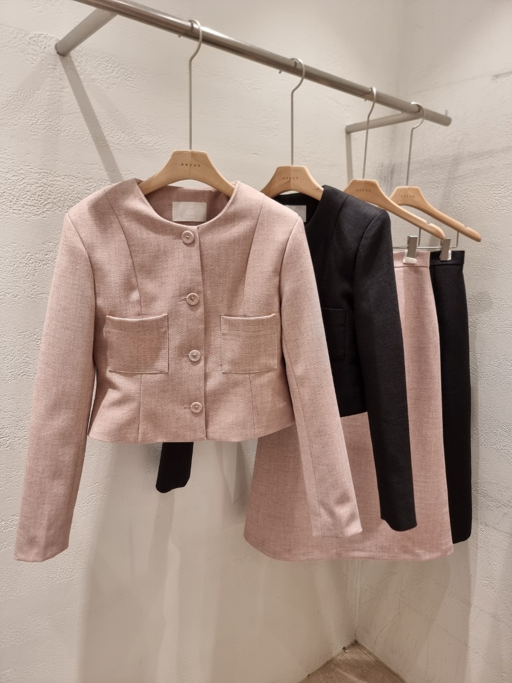 ボタンジップアップラウンドネックスリット肩パッドラインショート長袖ツーポケットAラインツーピース(トップス、ボトムス)スカートジャケット | 詳細画像19