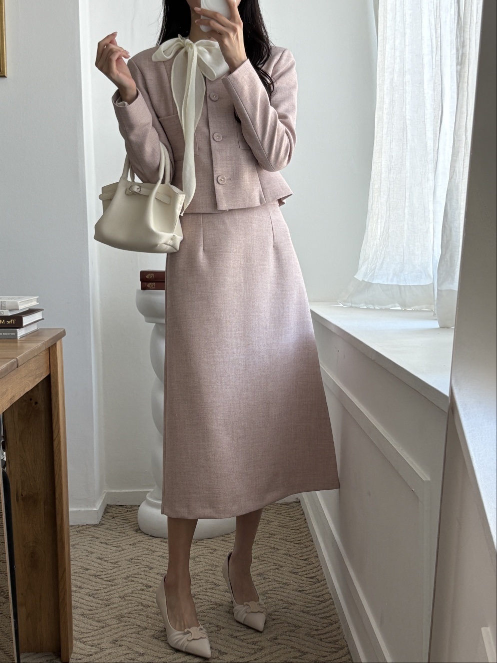 ボタンジップアップラウンドネックスリット肩パッドラインショート長袖ツーポケットAラインツーピース(トップス、ボトムス)スカートジャケット | 詳細画像16